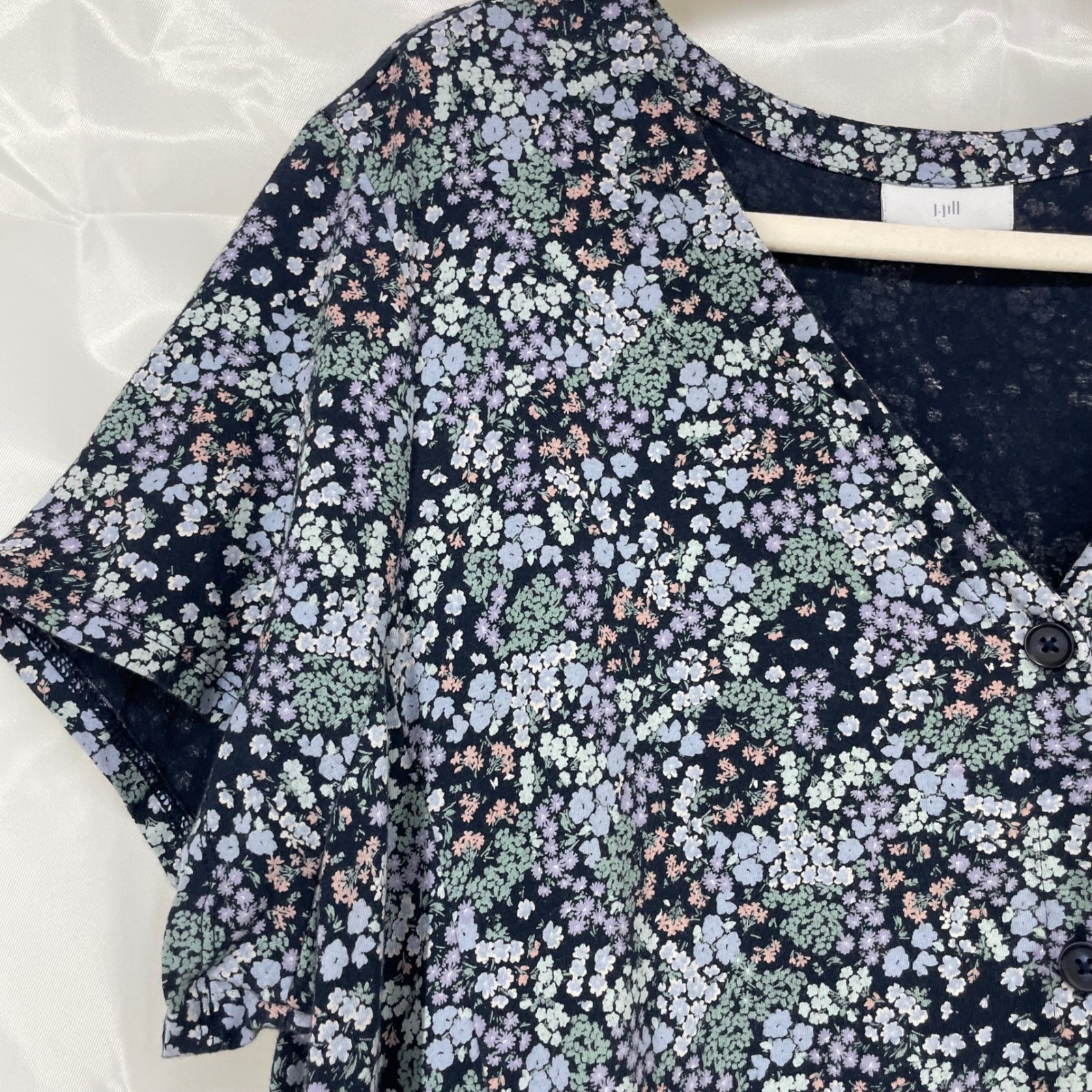 J. Jill Size XL Tiered Button Front Dress Navy Blue Floral Knit Cotton Blend