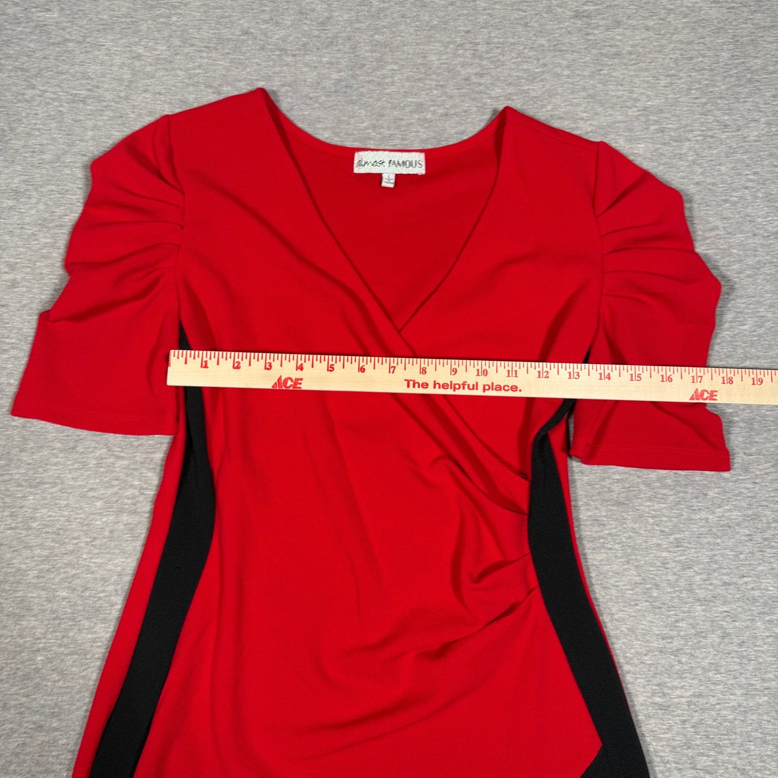 Almost Famous Red Black Colorblock Wrap Bodycon Dress Puff Sleeve Womens Large