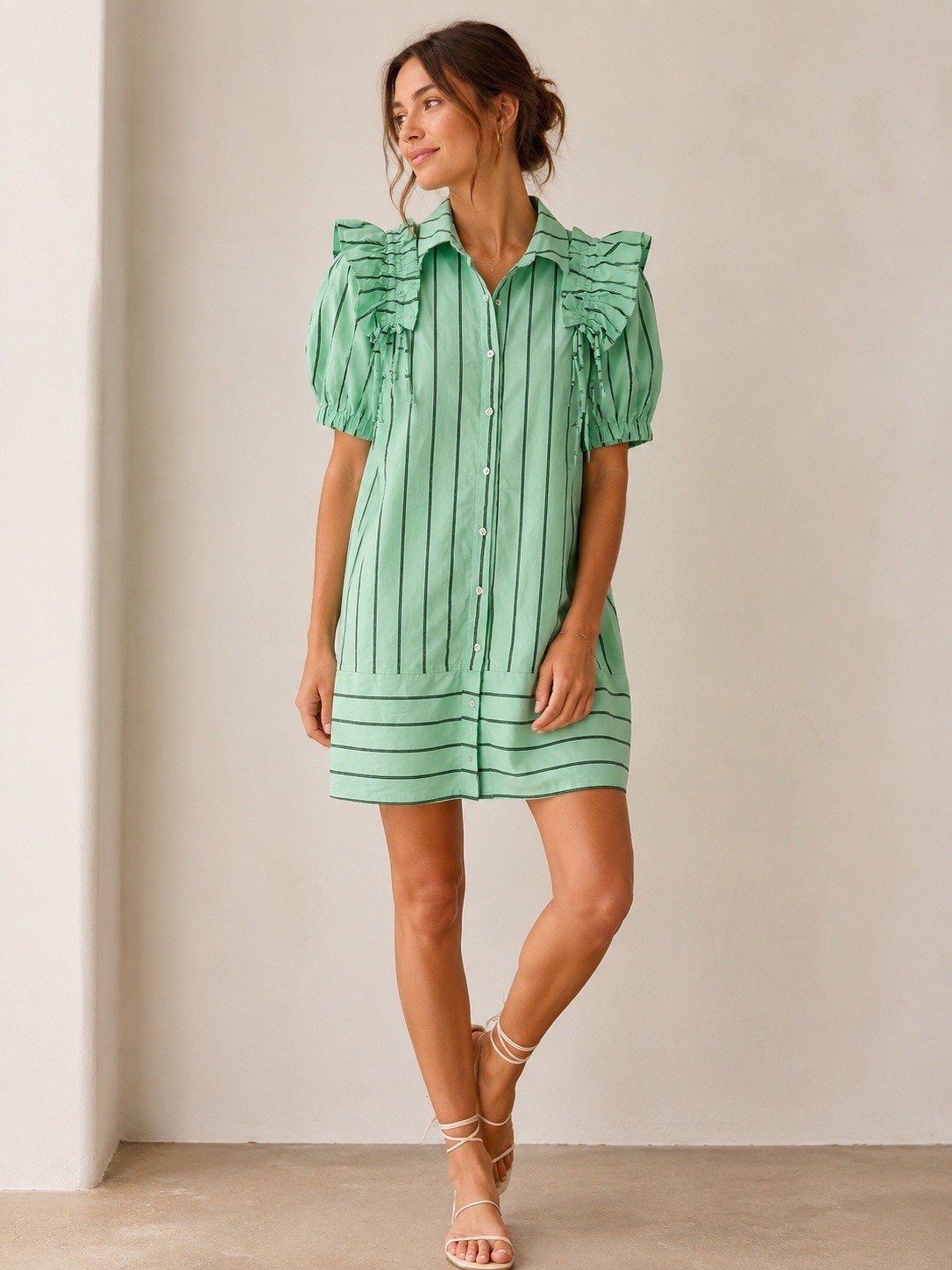 Style USA Mint Green Stripe Ruffle Shoulder Puff Sleeve Mini Dress NWT Size S