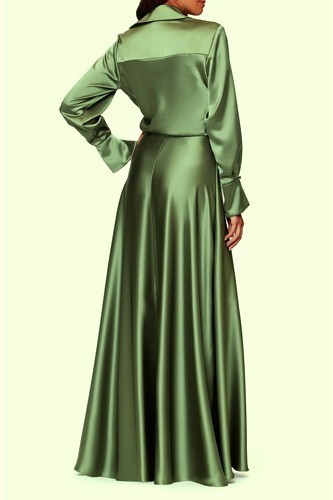Xscape Olive Green Satin Collared Long Sleeve Satin Gown Dress Size 14 $288