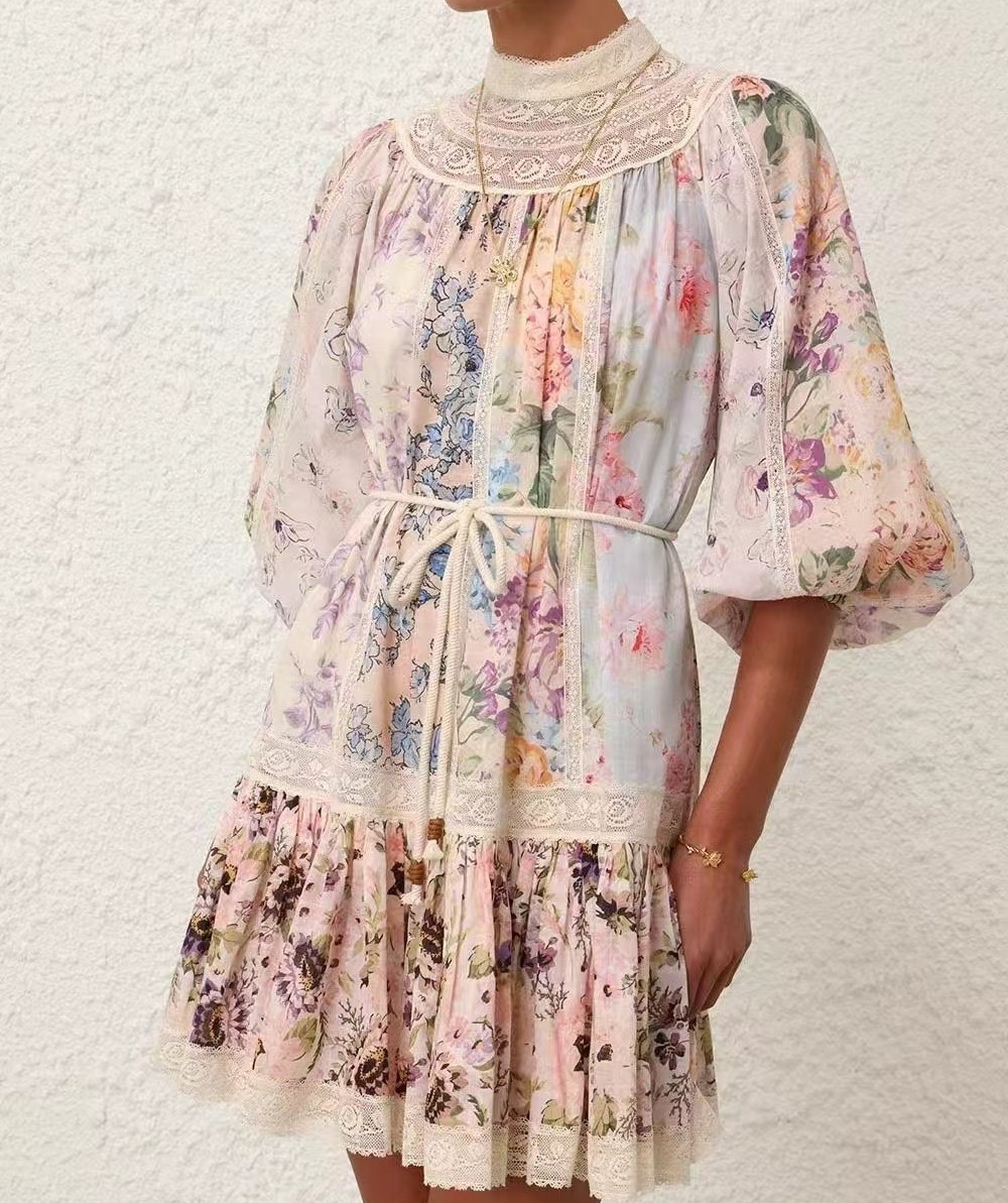 ZIMMERMANN Halliday Floral Print Lace Panel Mini Dress AU 2 US M
