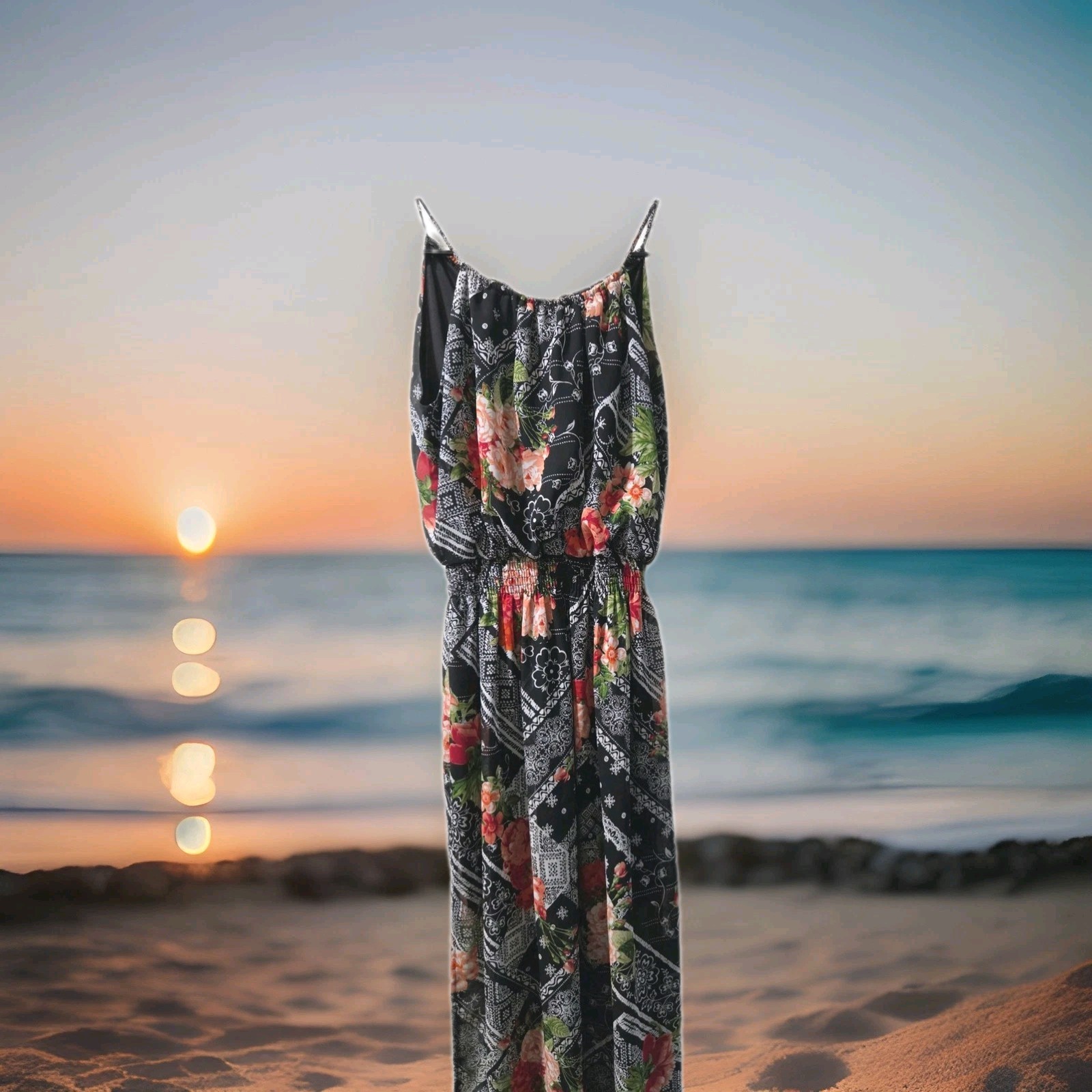 Women’s Size 8 Floral Black/Multicolor Sleeveless One-Piece Summer Dress