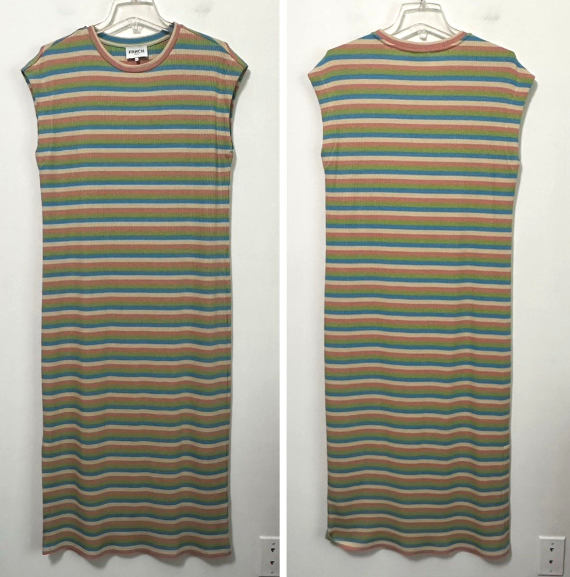 Frnch Paris Antonello Dress M Midi Vert Stripes Knit Cap Sleeve Casual Boho