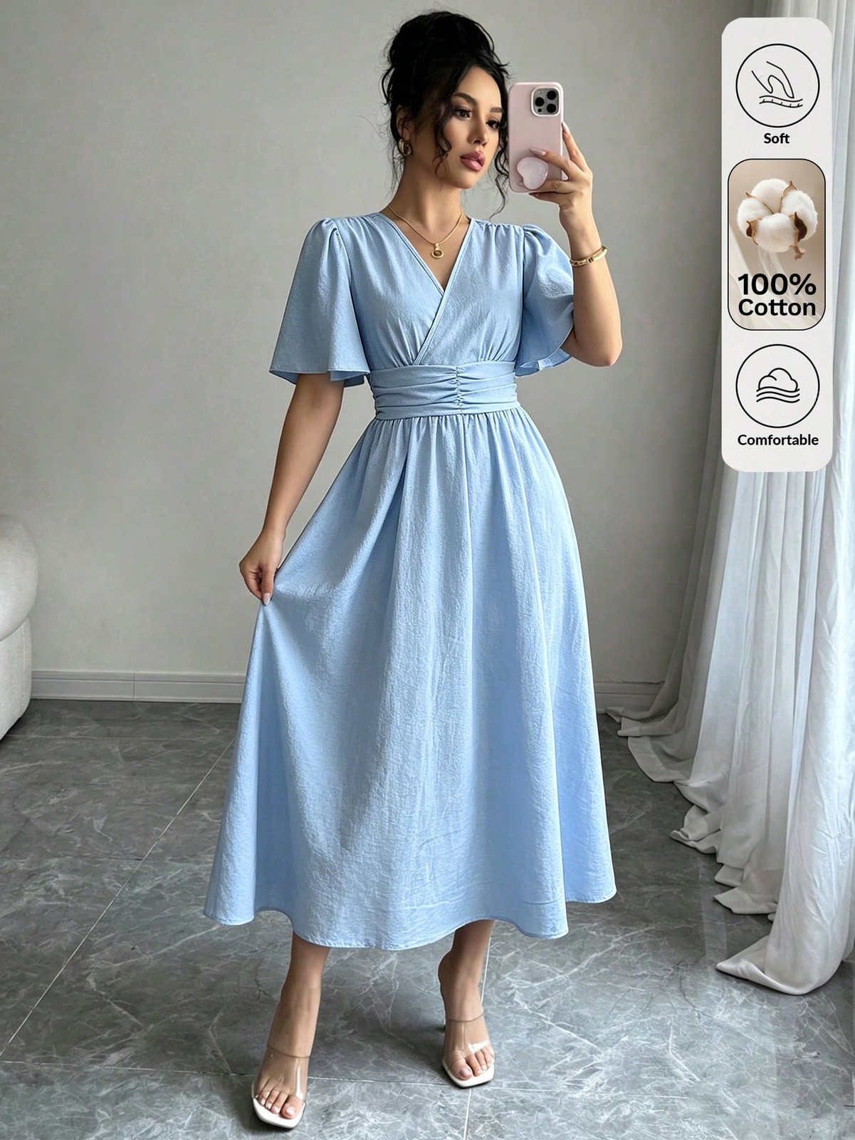 Elegant Polka Dot Pattern V Neck Midi Dress