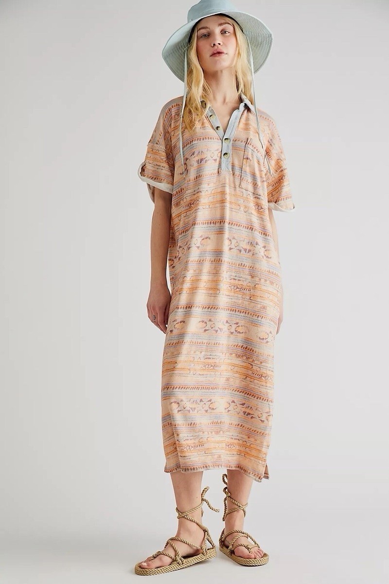 Free People Arizona Tee Dress Size Small Aztec Tribal Boho Midi Collared Henley