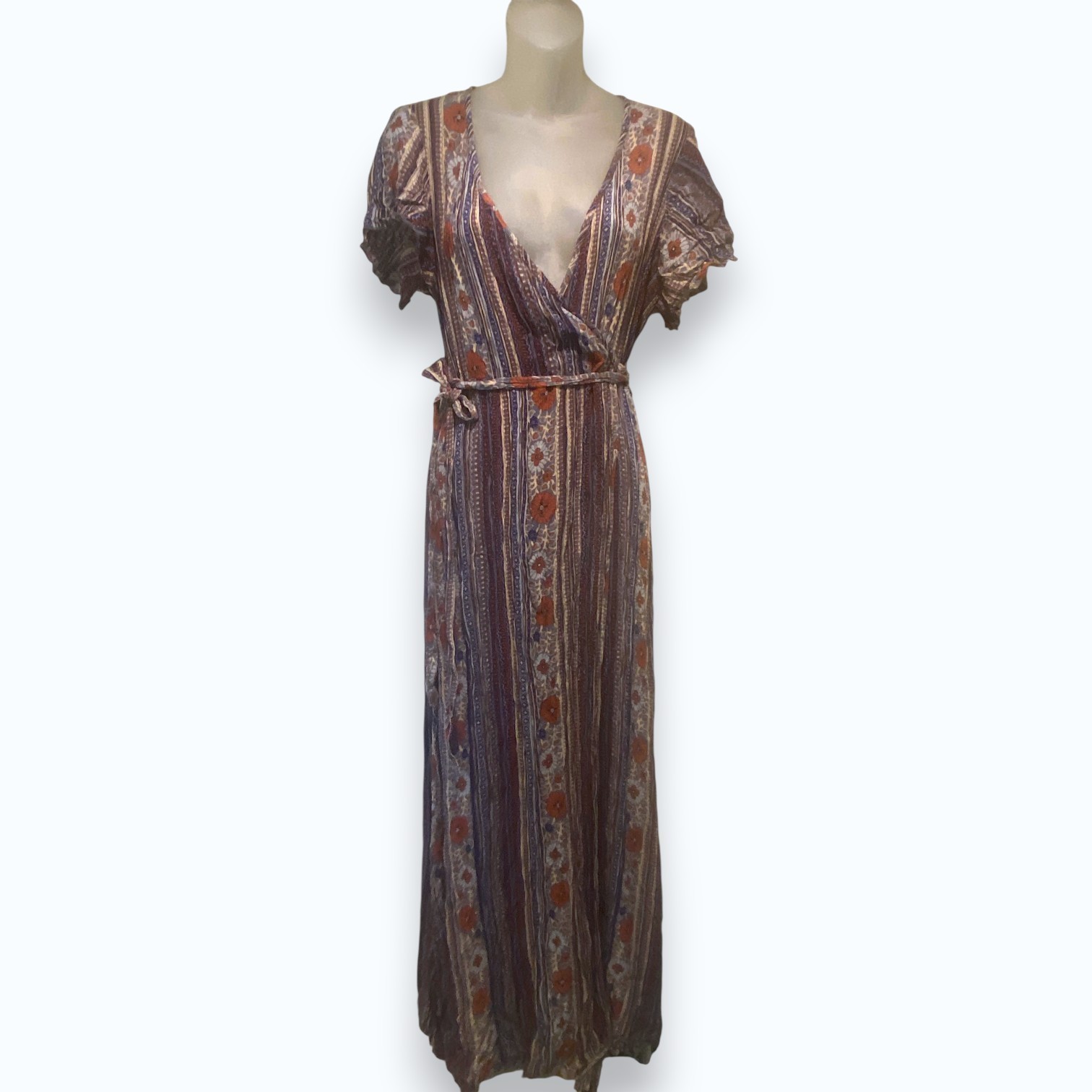 Patrons Of Peace Maxi Dress, Small, Boho Print Wrap Look w/Slit Scandi Girl Ease