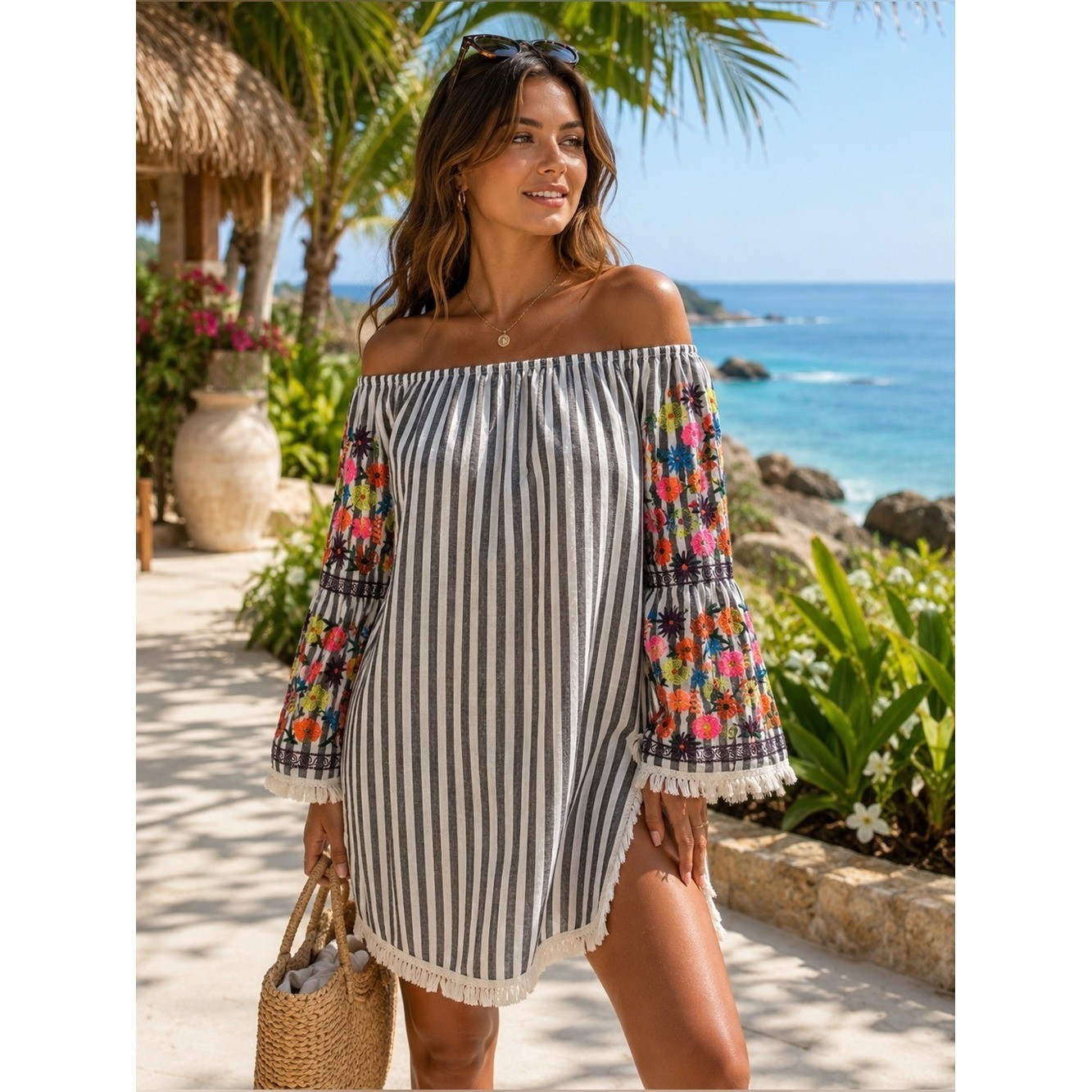 Philosophy Off-Shoulder Striped Tunic Mini Dress, Floral Embroidered Sleeves