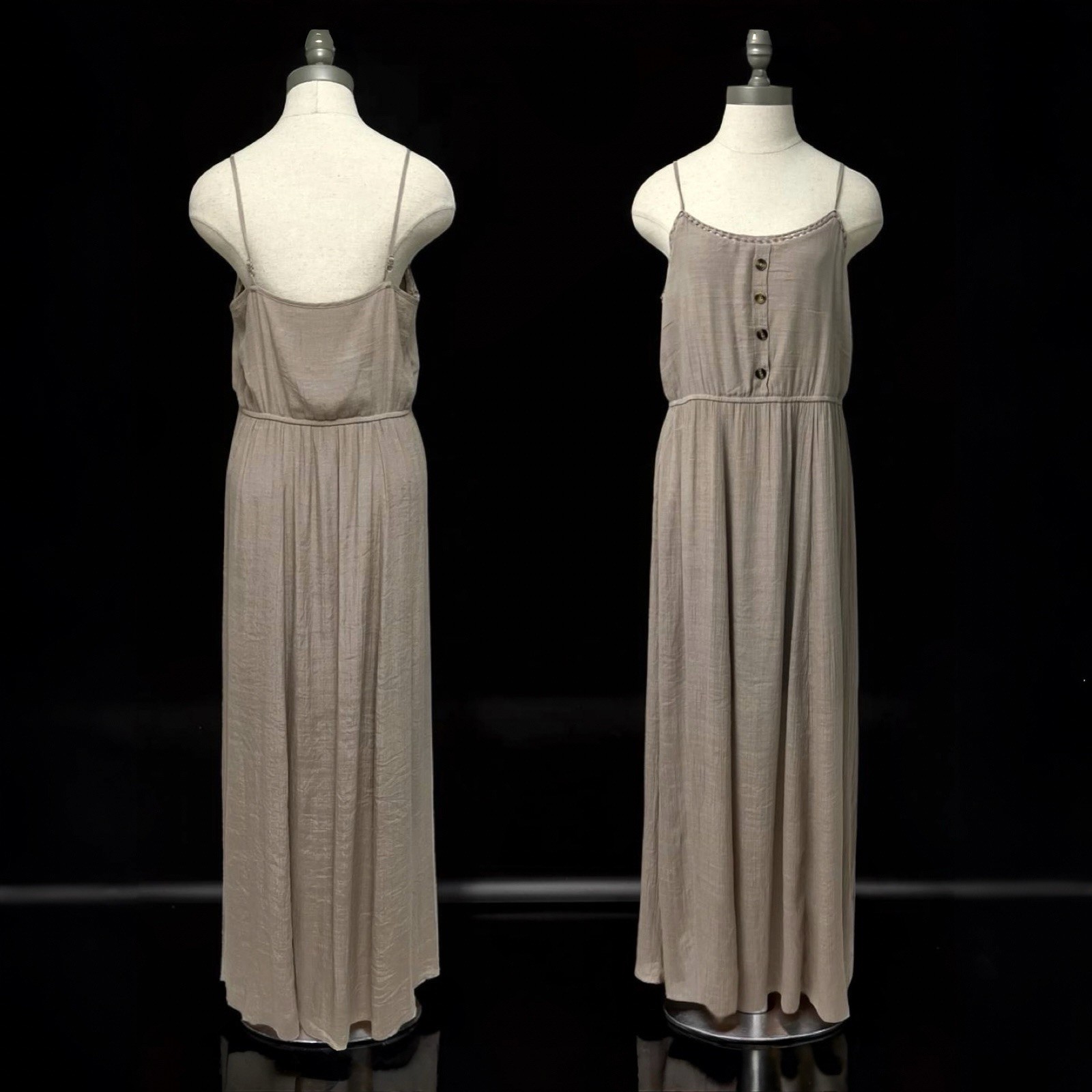 Say What? Women’s Beige Maxi Dress L Scoop Neck Strappy Button Front Lined