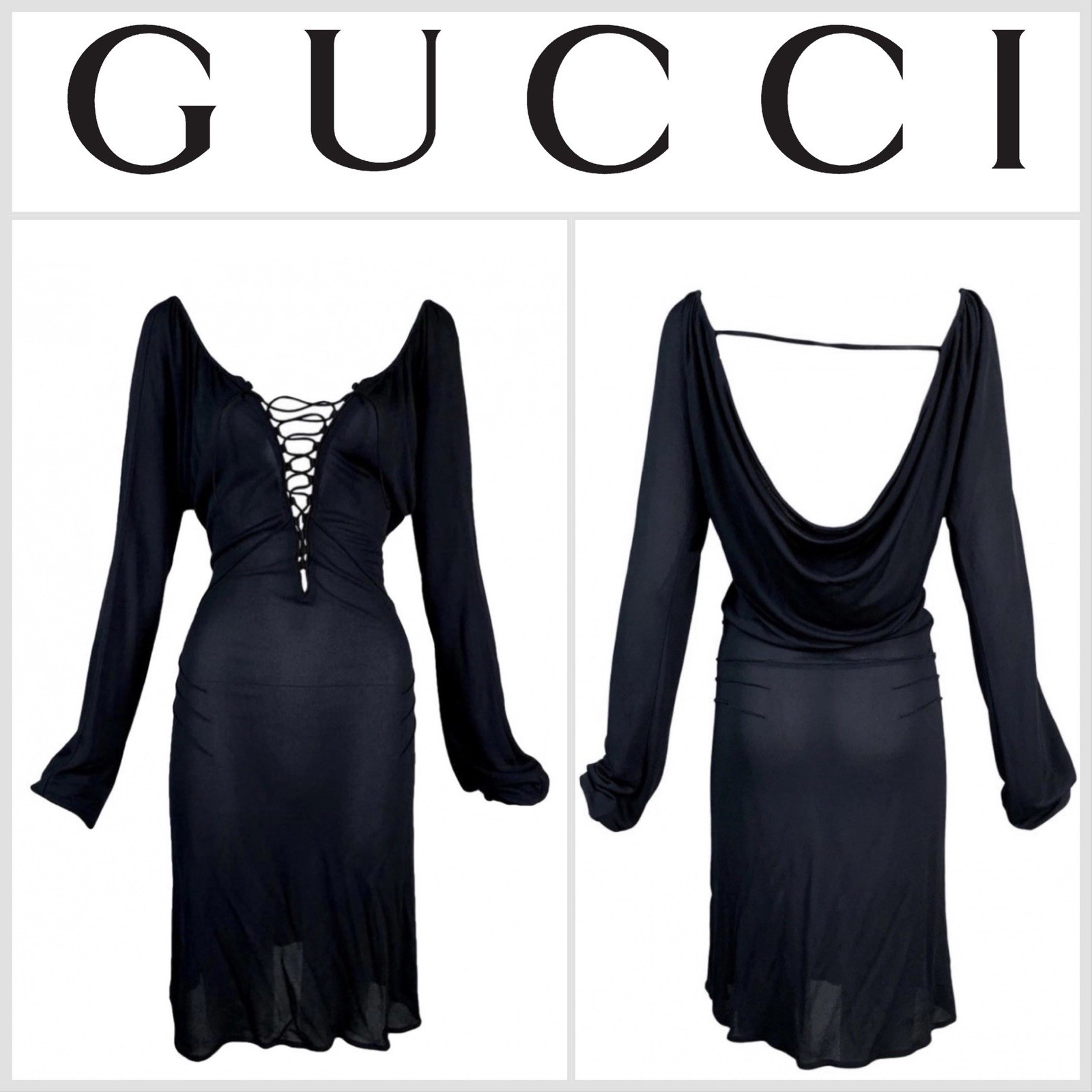 GUCCI by TOM FORD F/W 2002 Sexy Black Plunging Lace-Up Dress Size 40 VINTAGE