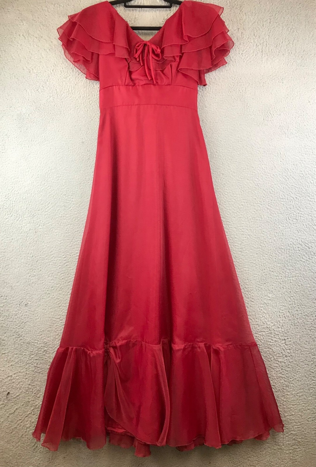 Vintage JC penny Red Layered Ruffle Maxi Dress With Bow Detail & Flared Hem