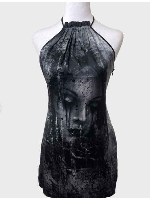 Affliction Black Premium Silk Halter Mini Dress with Monochrome Face Graphic 4
