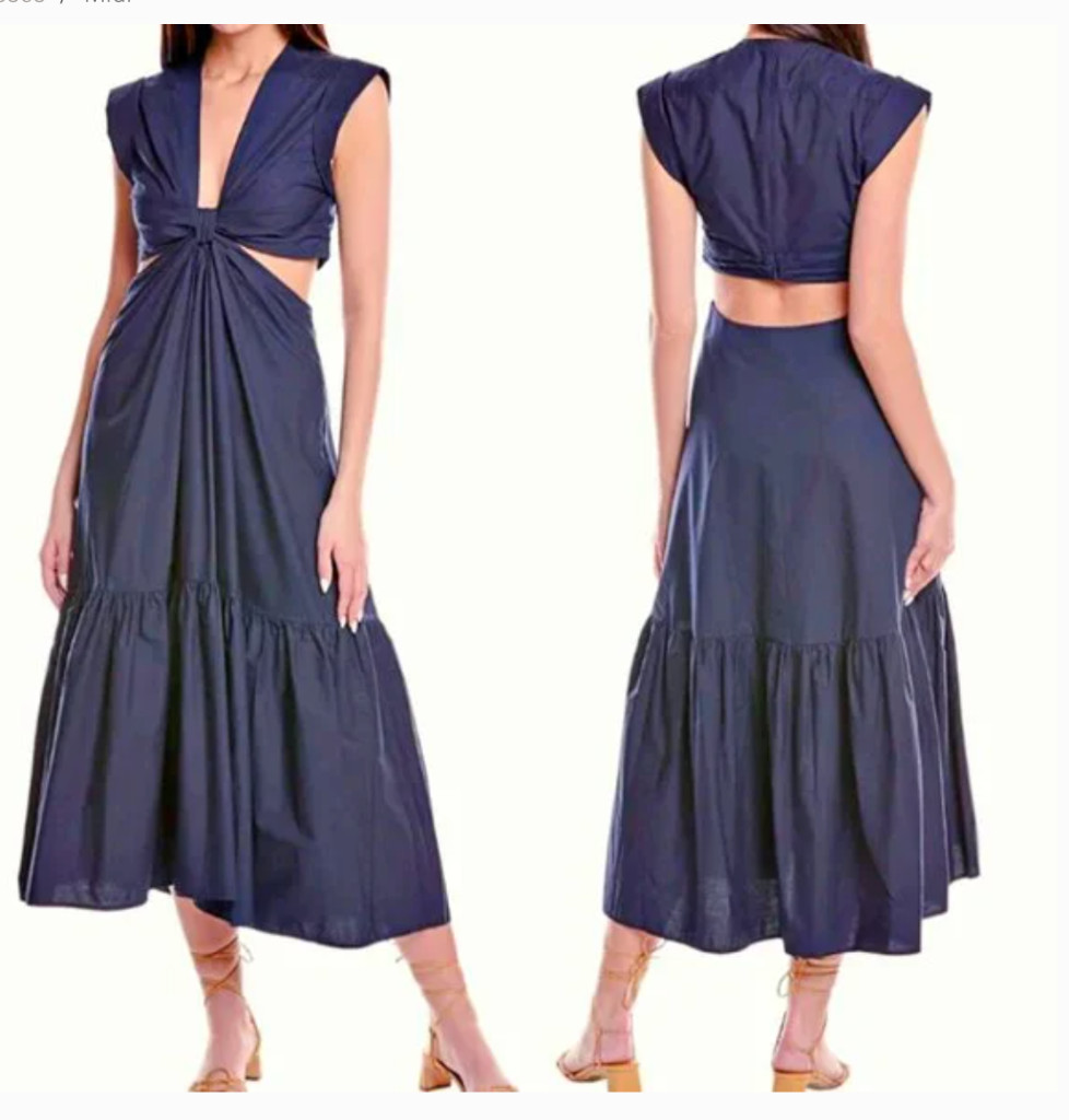 A.L.C. Alexandria Cotton Knotted Front Cut Out Waist Midi Dress Navy 6 $495