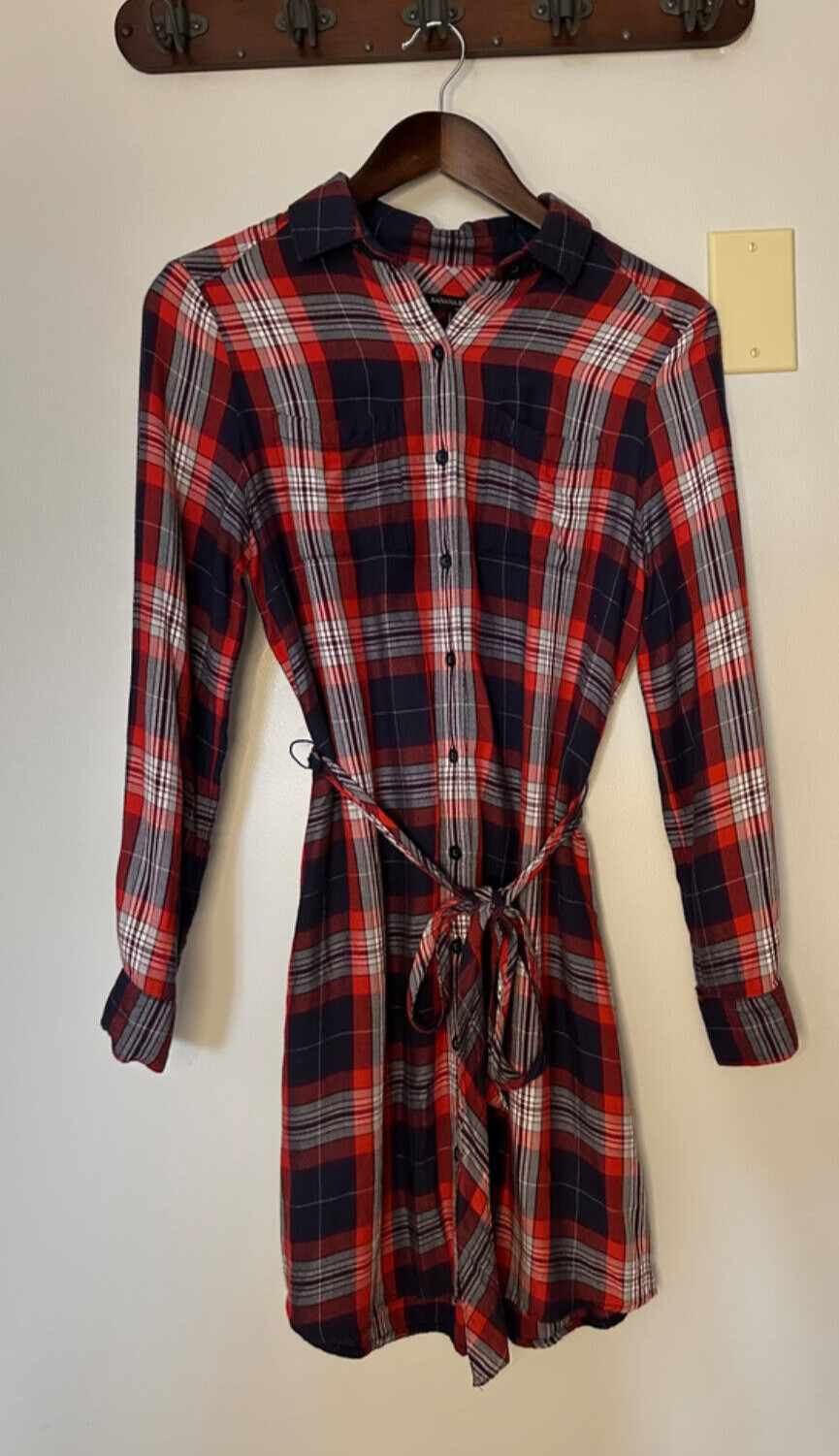Banana Republic Women’s Long Sleeve Shirt Dress Sz 0 Blue/Red Plaid 100% Bamboo