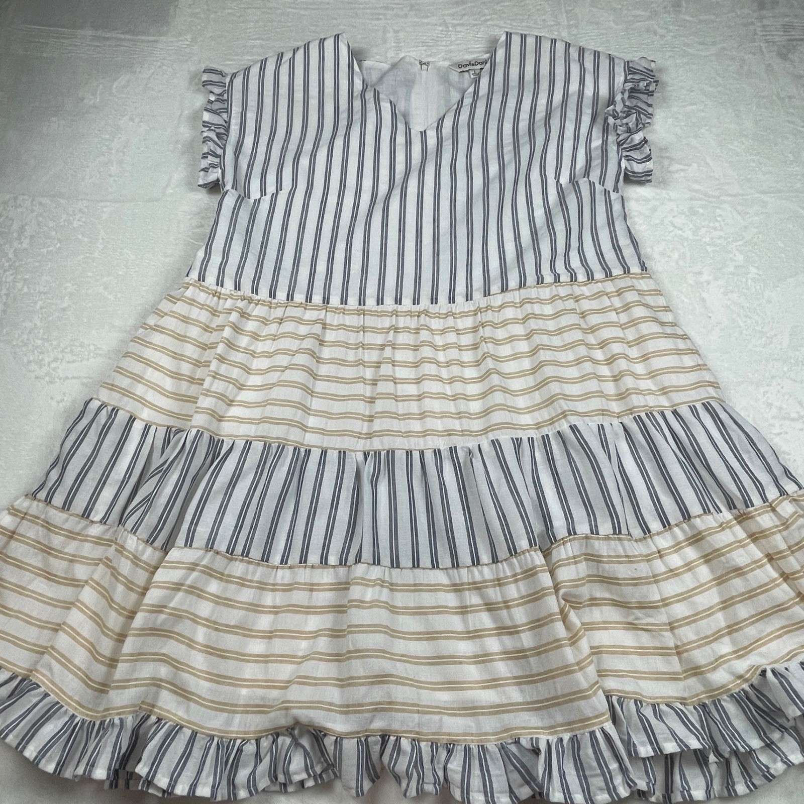 Davi & Dani Womens Striped Tiered Babydoll Dress Blue Tan Ruffle Sleeve Large