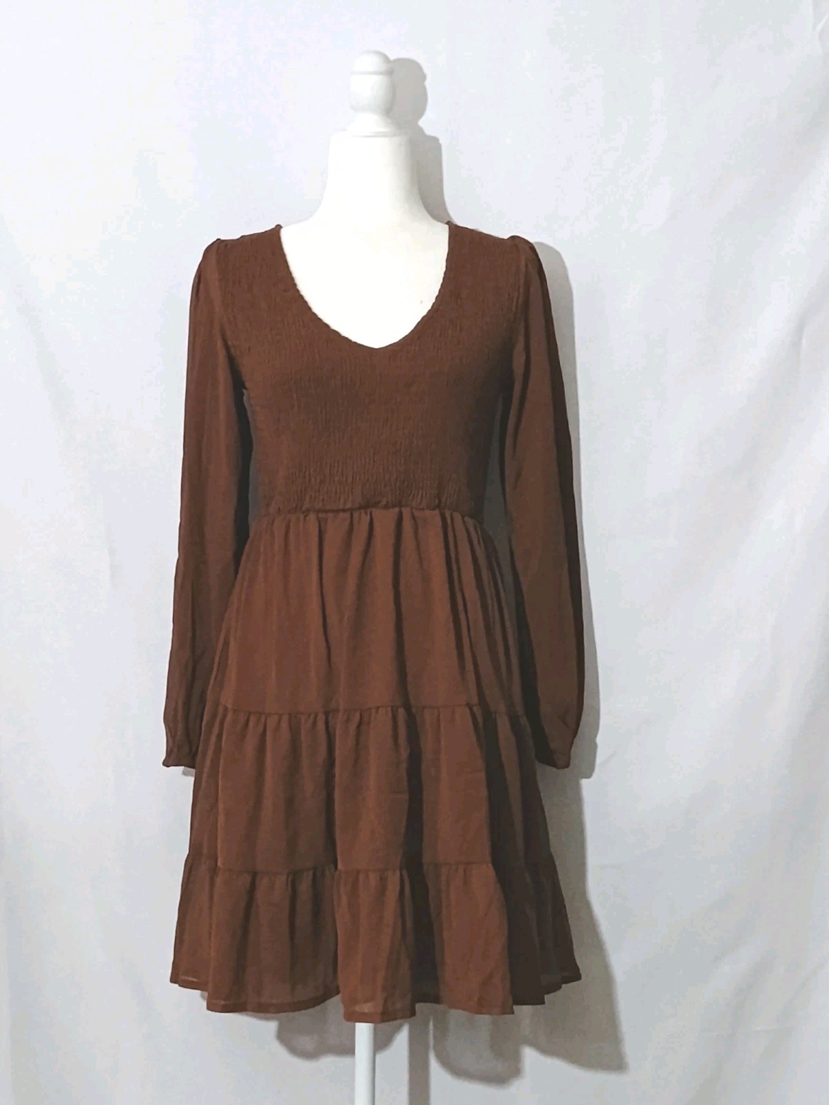 Hotwy Brown Square Neck Long Lantern Sleeve High Waist A Line Dress Size Small