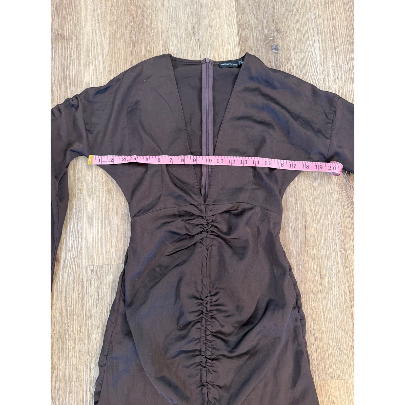 PrettyLittleThing Chocolate Brown Mini Dress Women 4 Ruched V-Neck Bell Sleeve