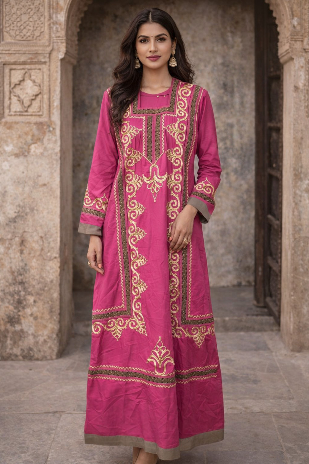 Kaftan woman dress Egyptian pink embroidered dress with elegant gold embroidry