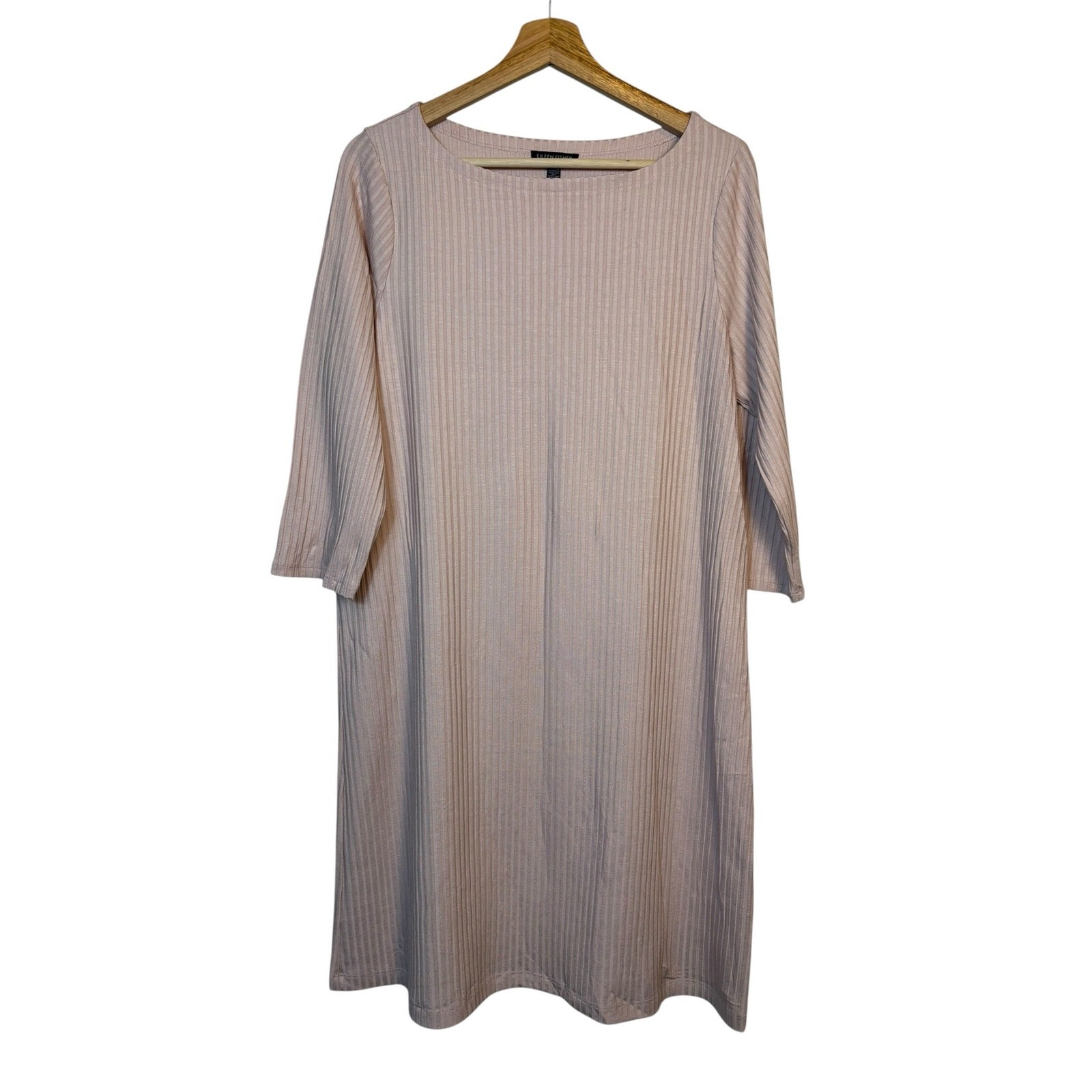Eileen Fisher Tencel Stretch Rib Dress SZ Large Bateau Neck Quiet Luxury Minimal