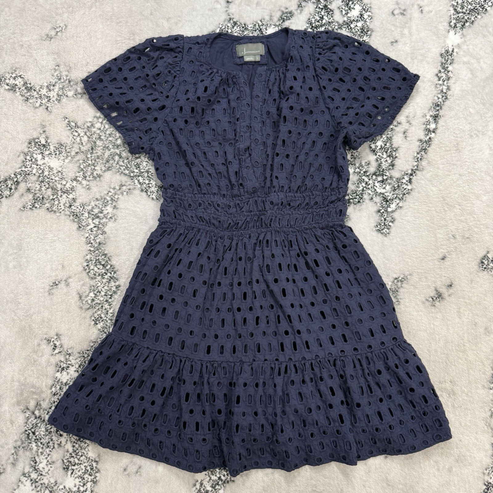 Anthropologie Navy Eyelet Dress Womens L Smocked Waist Tiered Boho Cottagecore