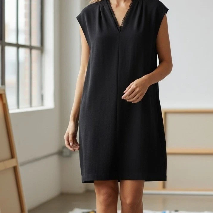 CARMAN MARC VALVO Women size s Black Ruffle V-Neck Shift Dress Split Cap Sleeve