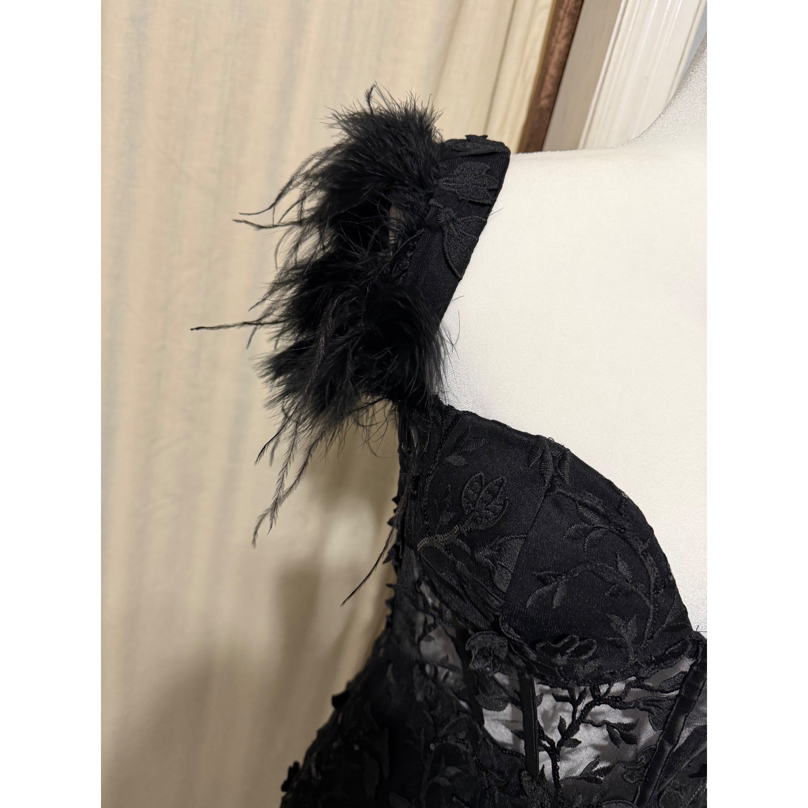 Goth Corset Mini Dress XL Black Sequin Embroidered Feather Off-the-Shoulder Glam