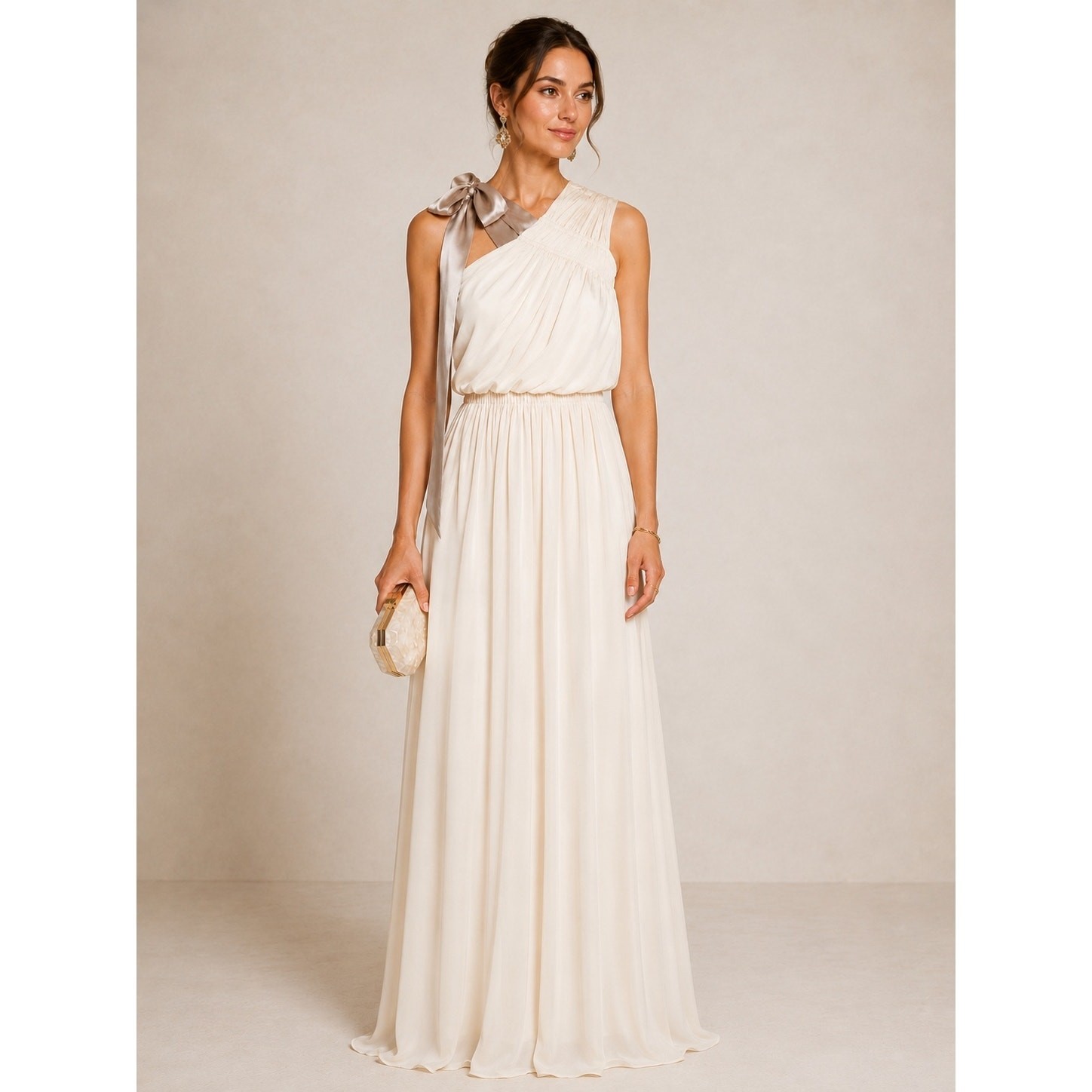 Needle & Thread Ivory Grecian One Shoulder Satin Maxi Gown Taupe Bow US 8