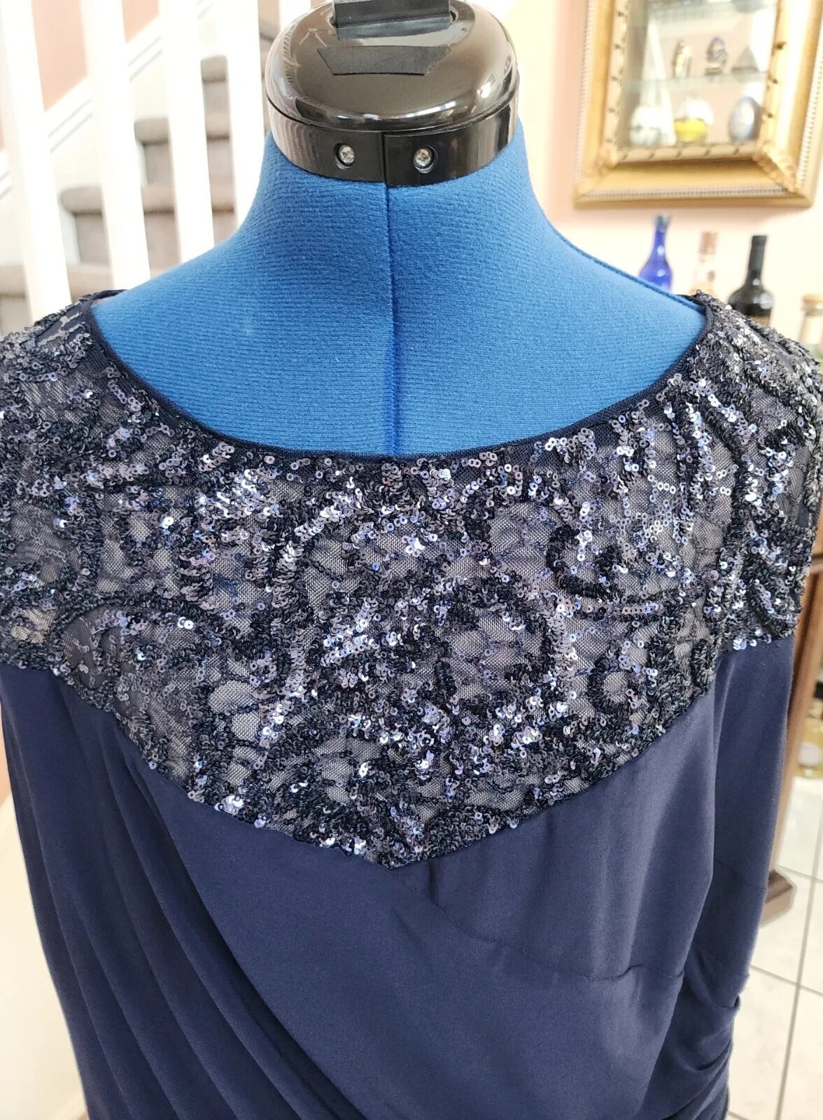 NWT RALPH LAUREN Blue Sequin Round Neck Side Gathered Sleeveless Dress 22W $165
