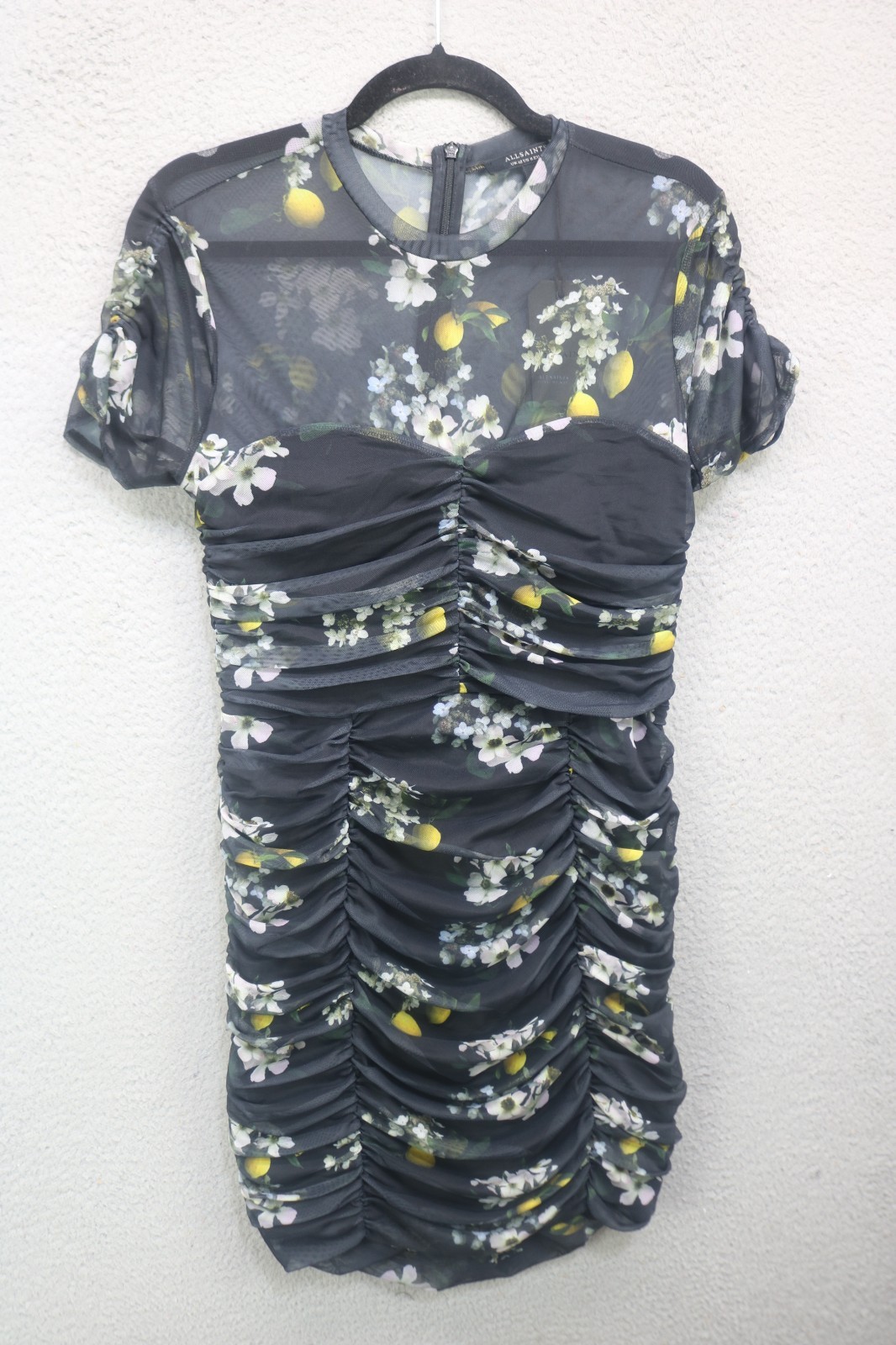 All Saints Giorgia Eugenia Ruched Mini Dress-8-Dark Florals-Whimsigoth-NWT