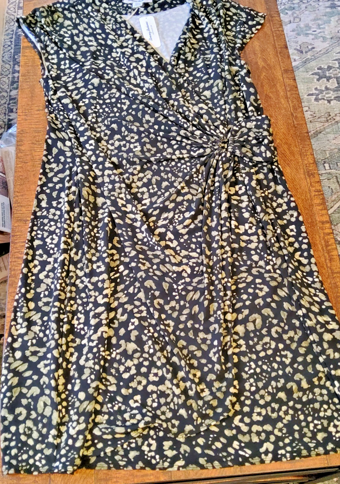 TOMMY BAHAMA ‘WILD ONE’ FAUX WRAP DRESS-EXTRA LARGE-BLACK/OLIVE GREEN-V NECK-NEW