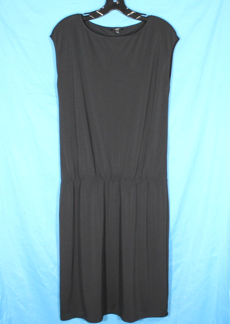 TALBOTS Stretch POLY-KNIT Sleeveless BLACK Gathered DROP WAIST Midi Dress Sz M
