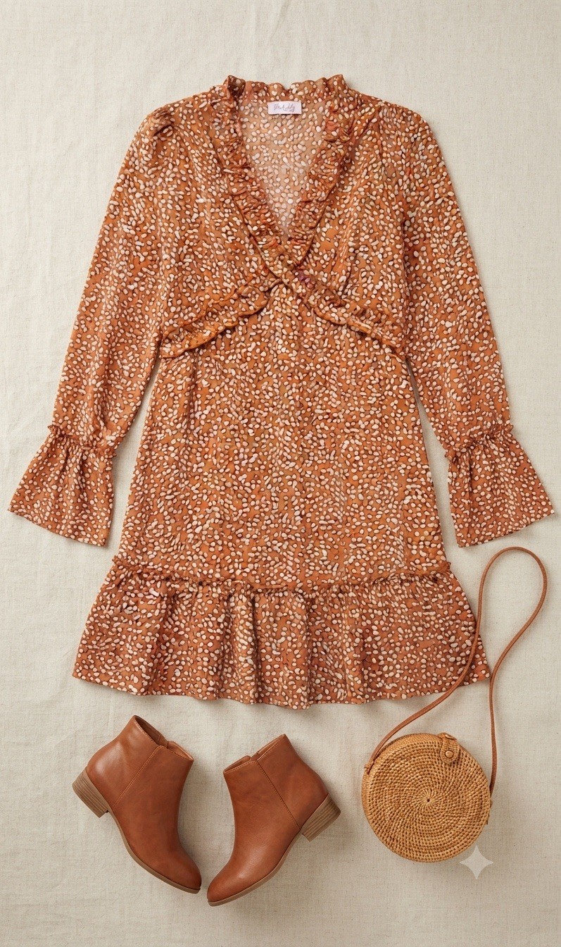 Pink Lily Brown/White Animal Print V-Neck Ruffle Bell Sleeve Mini Dress S