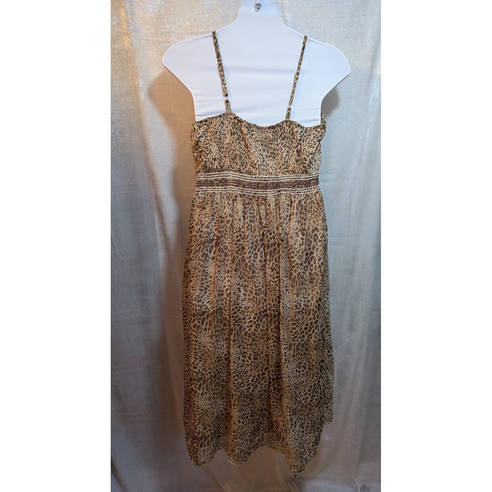 Boho Leopard Smocked Beads Chiffon Summer Ruffles Chiffon Flowy 1X Midi Dress