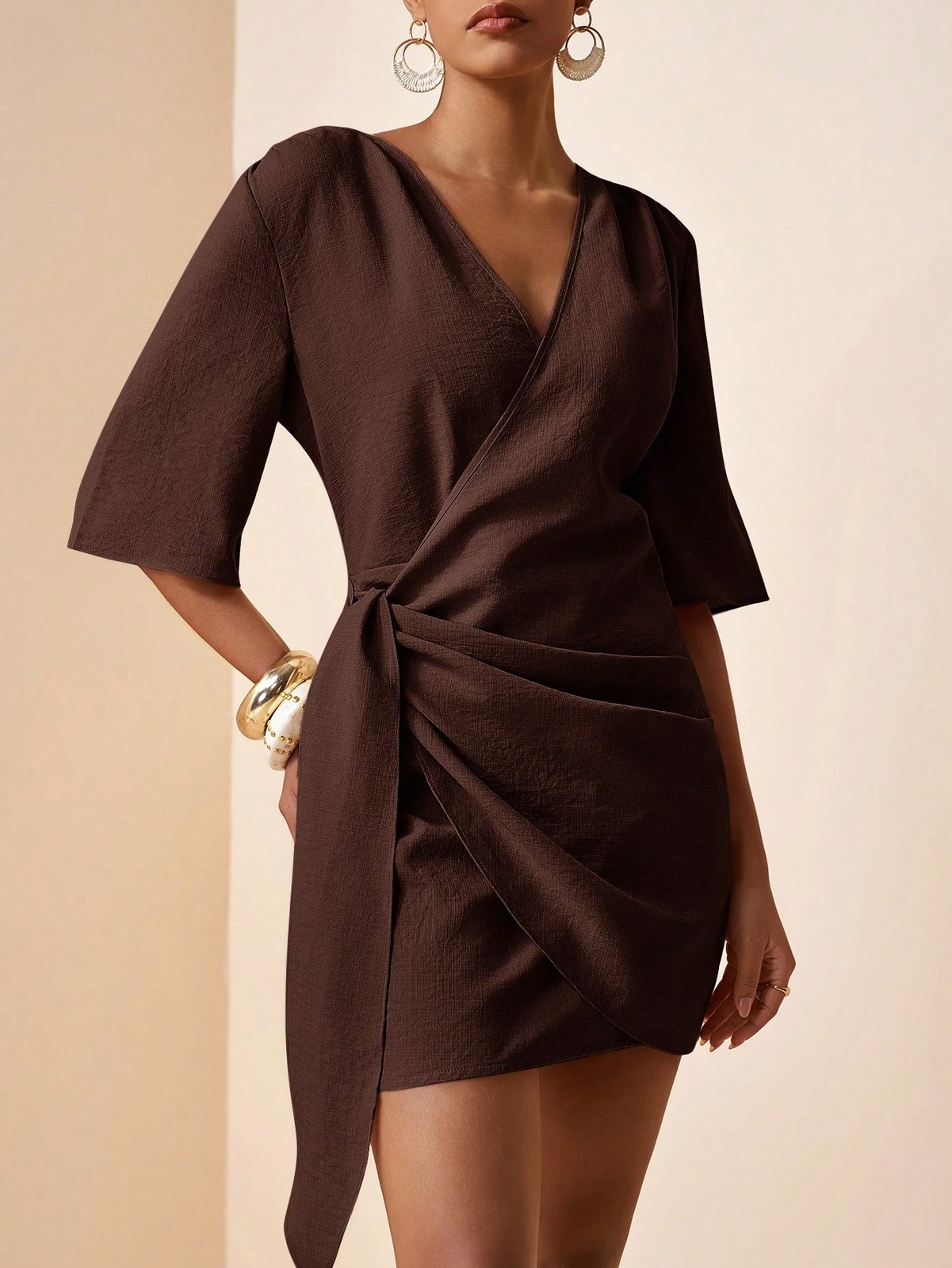 Elegant V Neck Mini Dress in Dark Brown