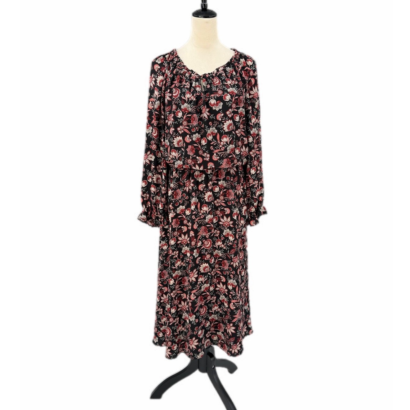 Talbots XL Bracelet Long Sleeve Autumn Garden Black Floral Midi Chic Work Dress