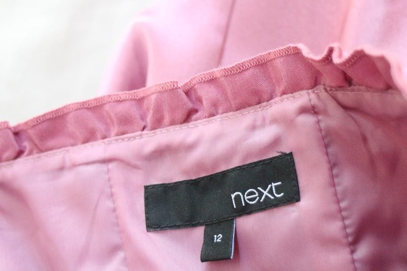 Next Pink Satin Strapless Ruffle Cocktail Sheath Midi Dress UK 12 US 8
