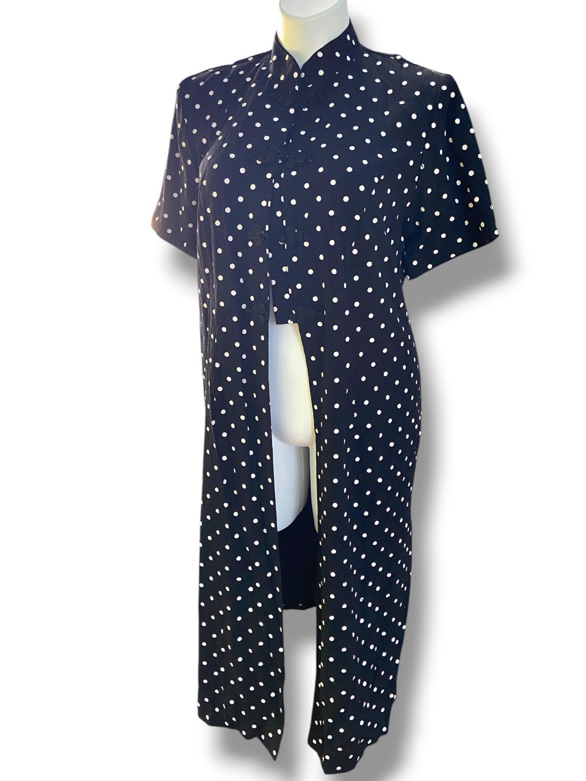Vintage Ultra Dress Black White Polka Dot Frog Closure Buttons Duster Size 16W