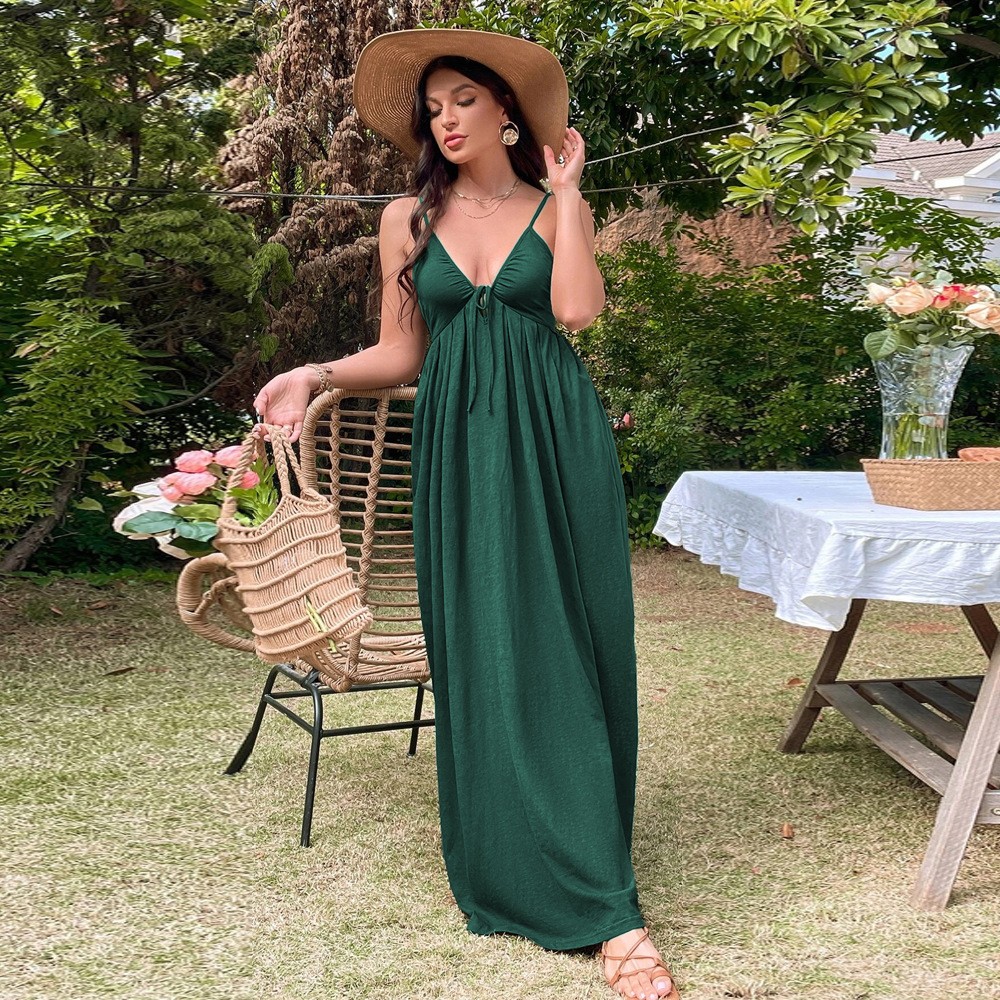 2026 Women’s Dark Green V-Neck High-Waist Backless Knit A-Line Long Dress