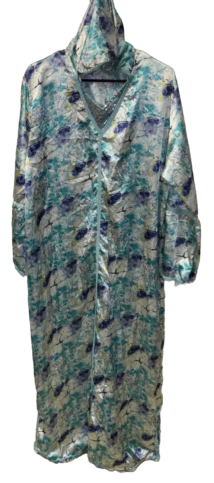 ASA Caftan Maxi Dress L Kimono Sequin Cover Up Slits Hood V Neck Pullover Trim
