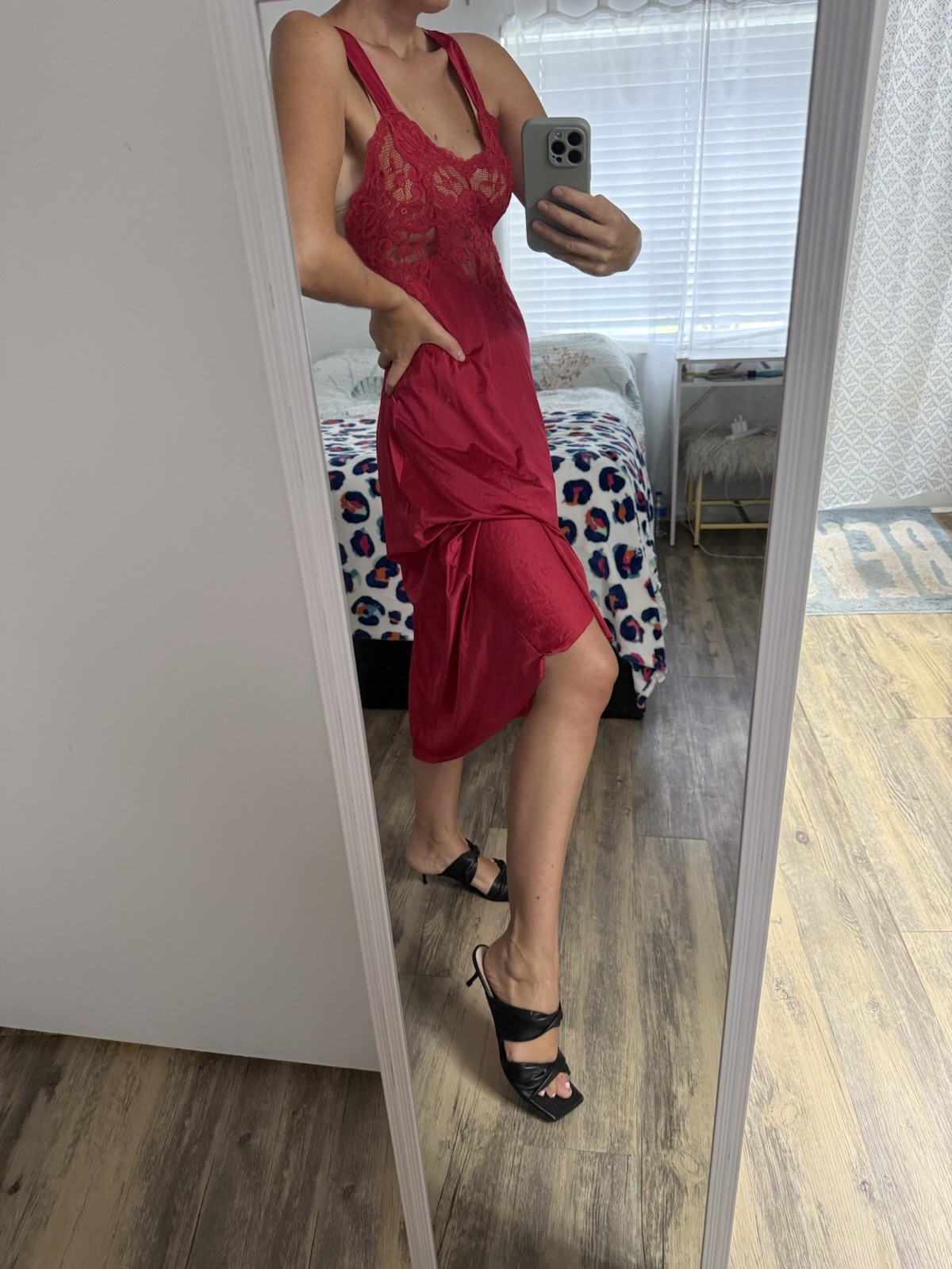 90s Red Lace Bust Midi Slip Dress Triangle Front & Back Neckline, Size М