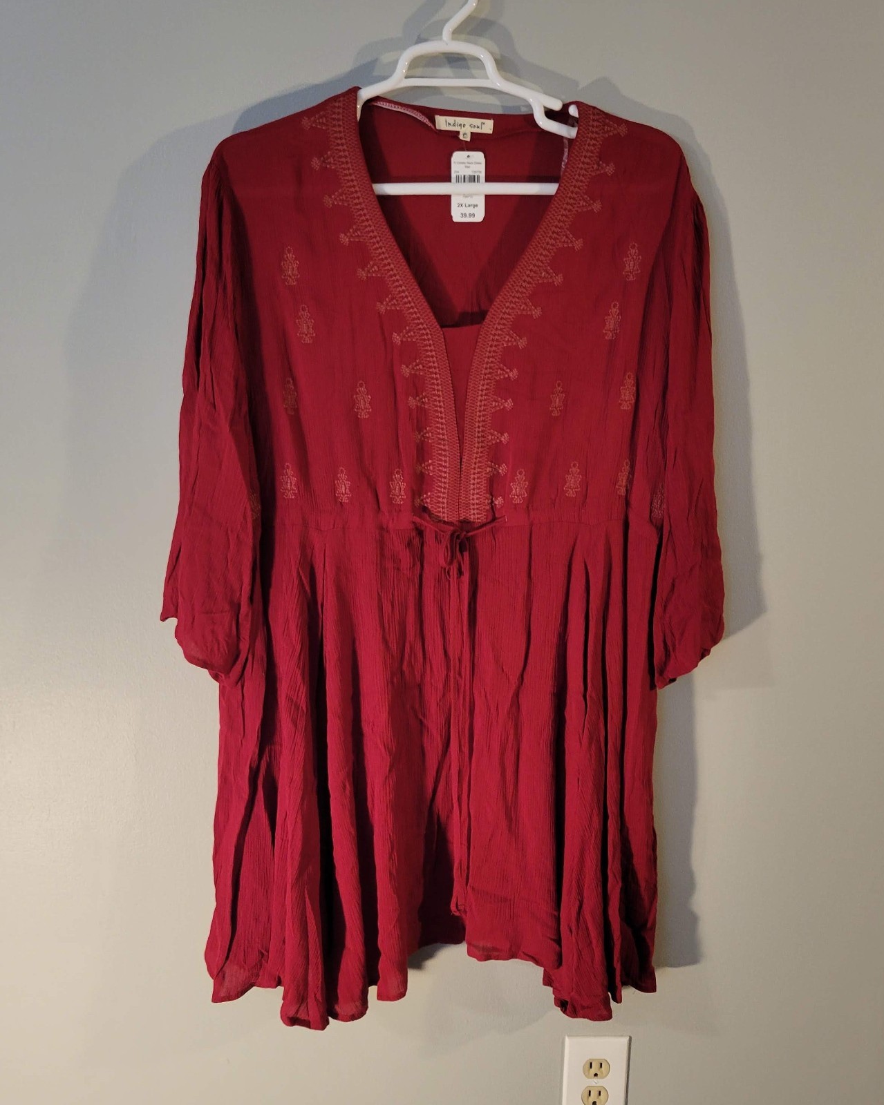 NWT Indigo Soul Embroidered Crinkle Neck Peasant Dress/Tunic Plus Size 2X