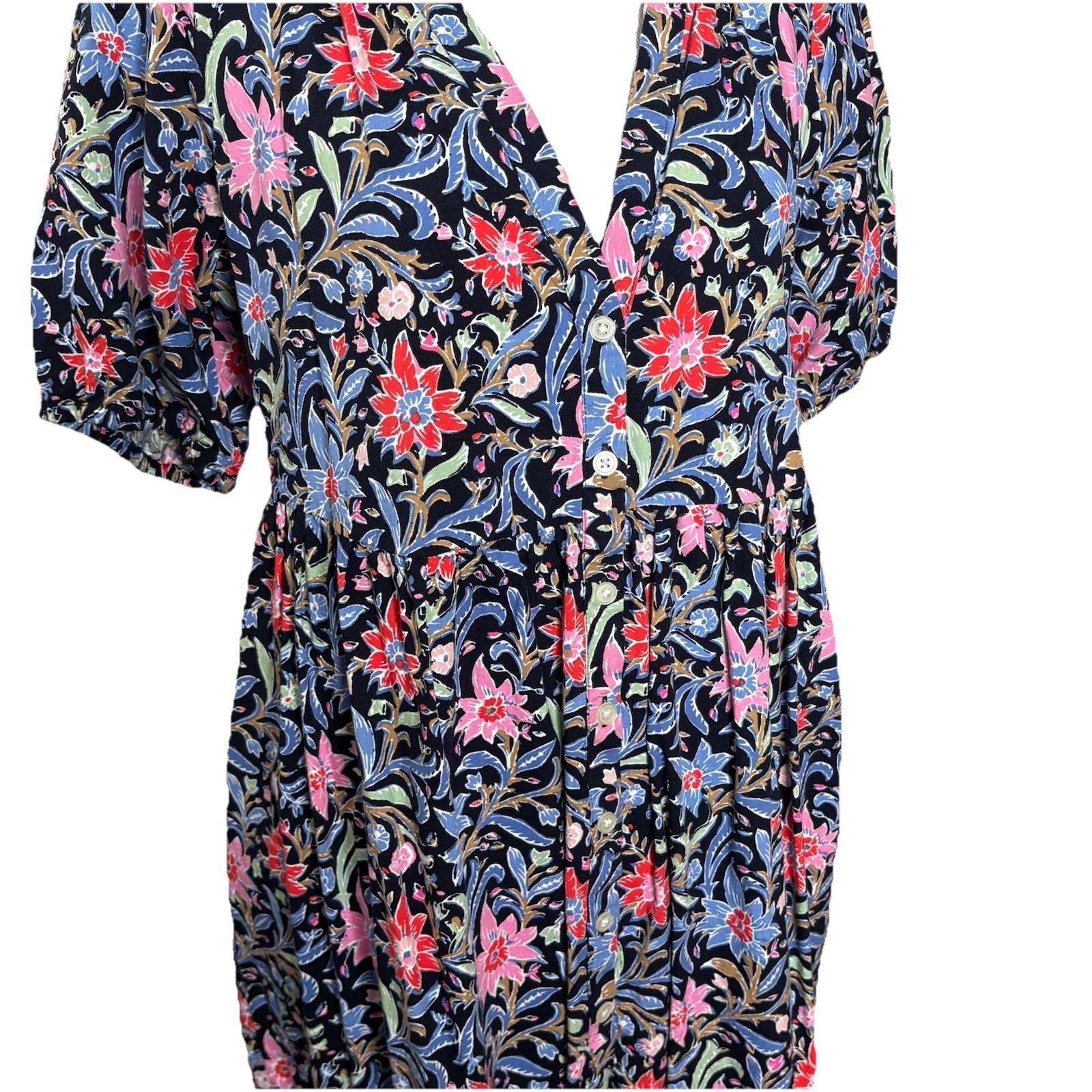 Loft Spring Red Pink Bloom Black Button Front Swing V Neck Dress Size Medium