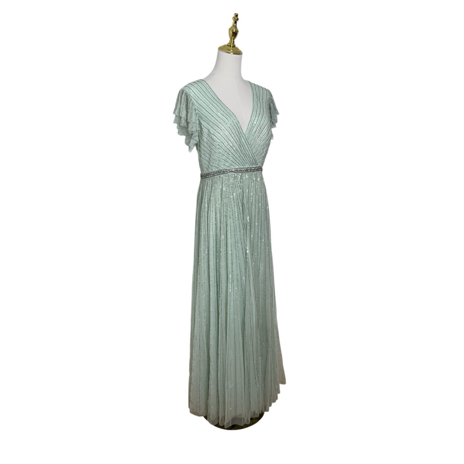 Mac Duggal 5502 Mint Green Sequin Flutter Sleeve A-Line Formal Gown Size 6 $698