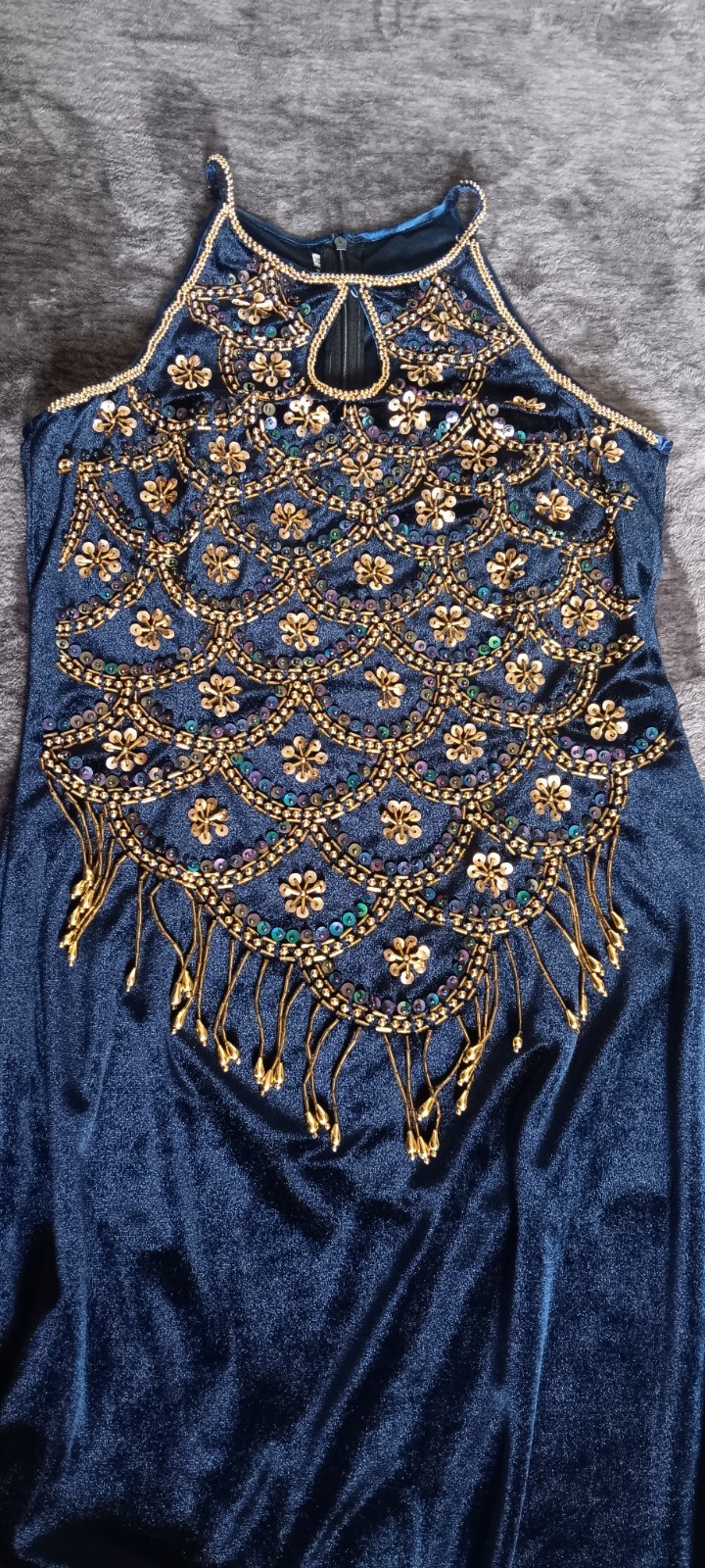 Blue Velour Beaded/Sequin Fringe Halter Formal Dress Sleeveless Long women:M