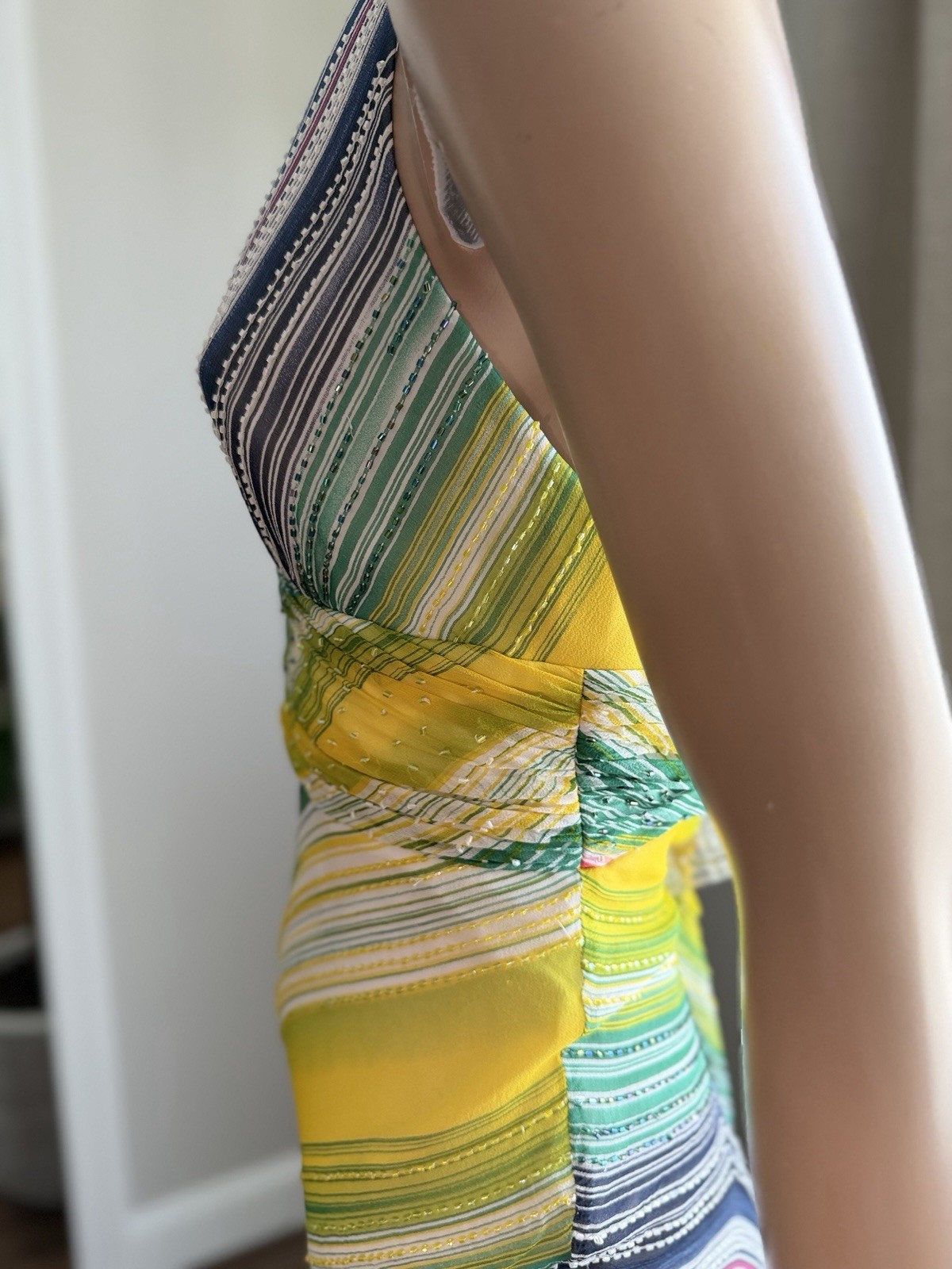 BCBGMAXAZRIA Silk Beaded Rainbow Halter Dress Sz 8 Asymmetrical Y2K Vintage Rare
