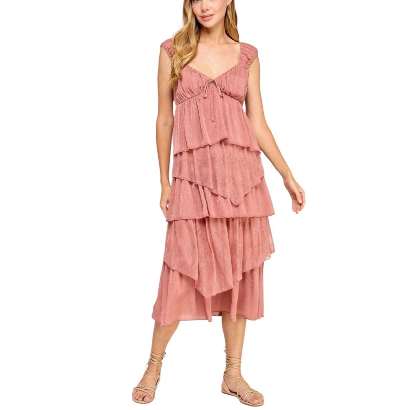 Seni & Cade Sweetheart Lace Tiered Midi Dress – Blush Pink NEW Juniors M