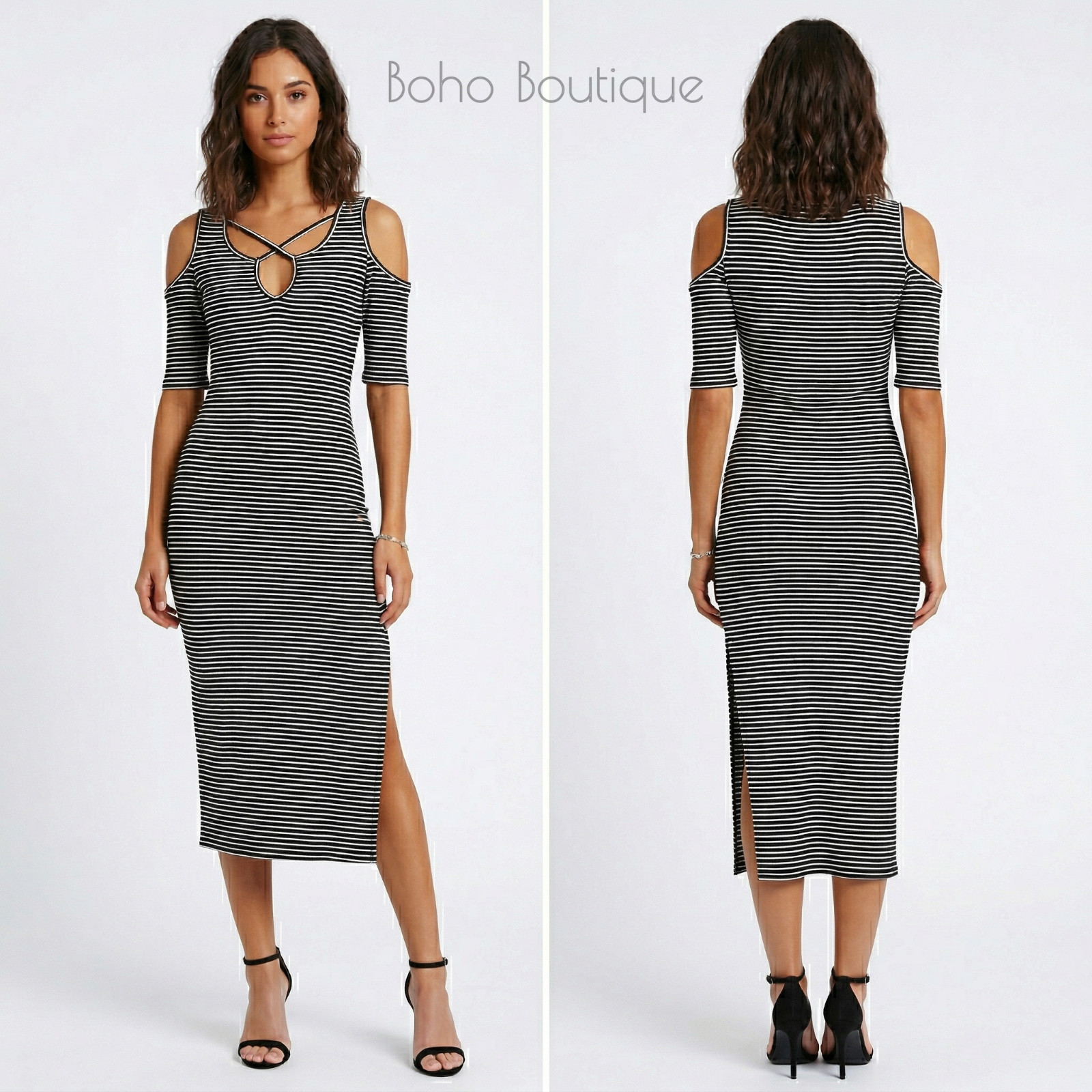 Vintage Y2K Bodycon Cold Shoulder Wiggle Dress Size M Black White Striped Jersey