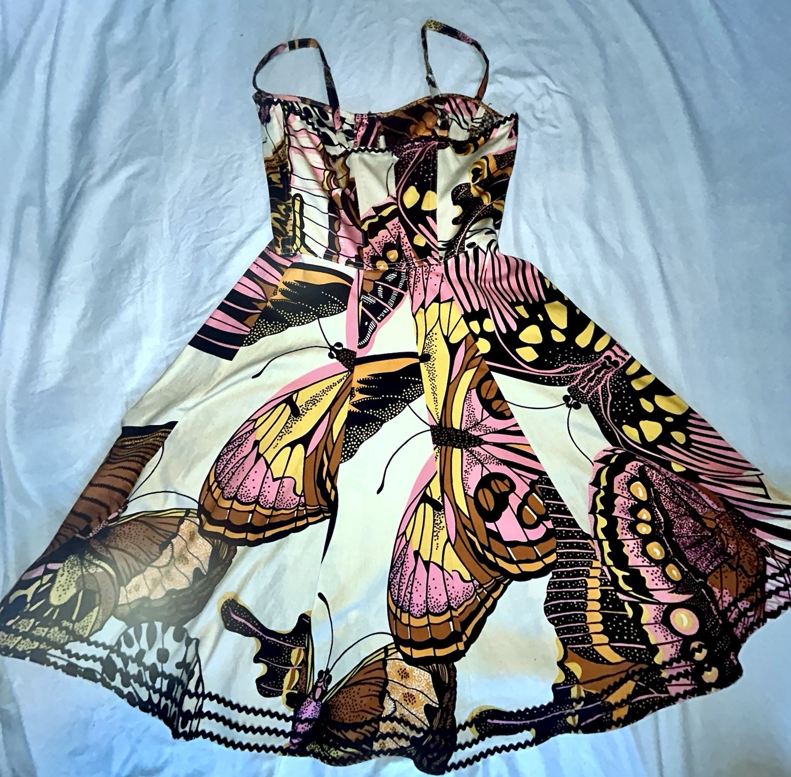 Betsey Johnson Y2K Butterfly Print Fit & Flare Dress 2 Sweetheart Button Front