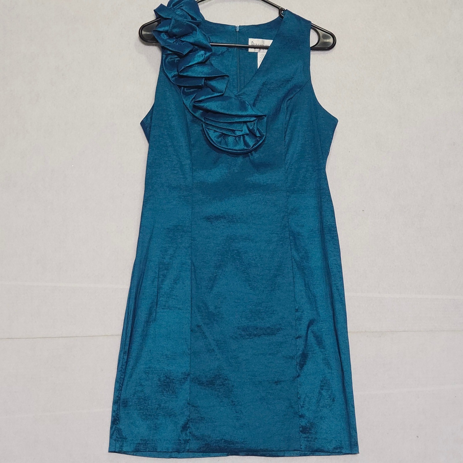 Periwinkle Teal Blue Shimmer Ruffle Neck Sheath Dress Size 12 17.5″ Made in USA