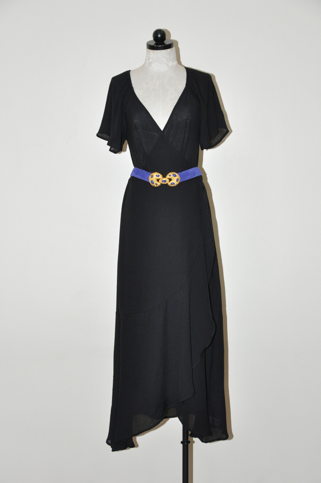 Lush Black Cotton Gauze Sheer Plunging Neckline Long Maxi Wrap Dress LBD Women M