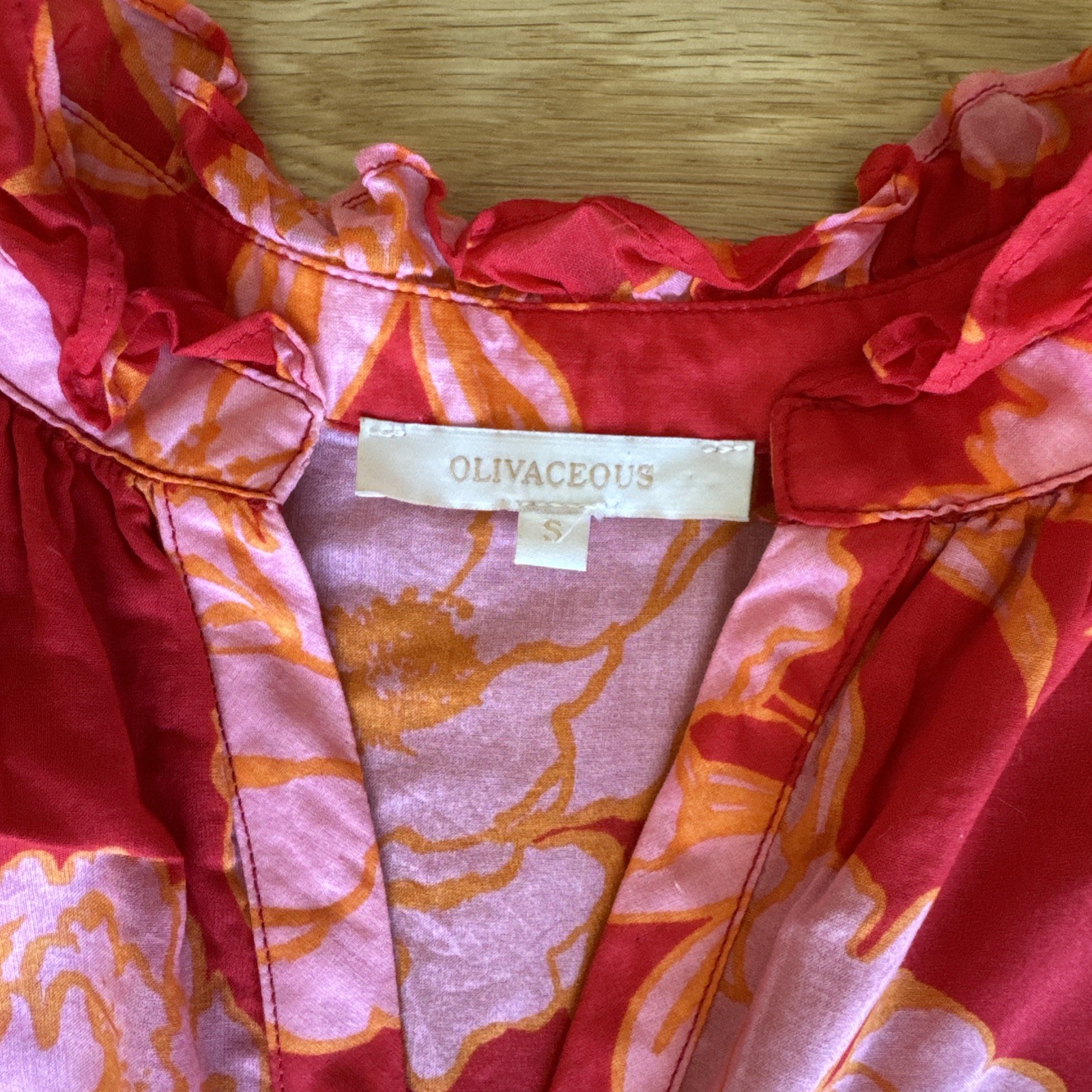 Olivaceous Red Orange And Pink Blossom Pattern Sleeveless Tiered Tunic Dress S
